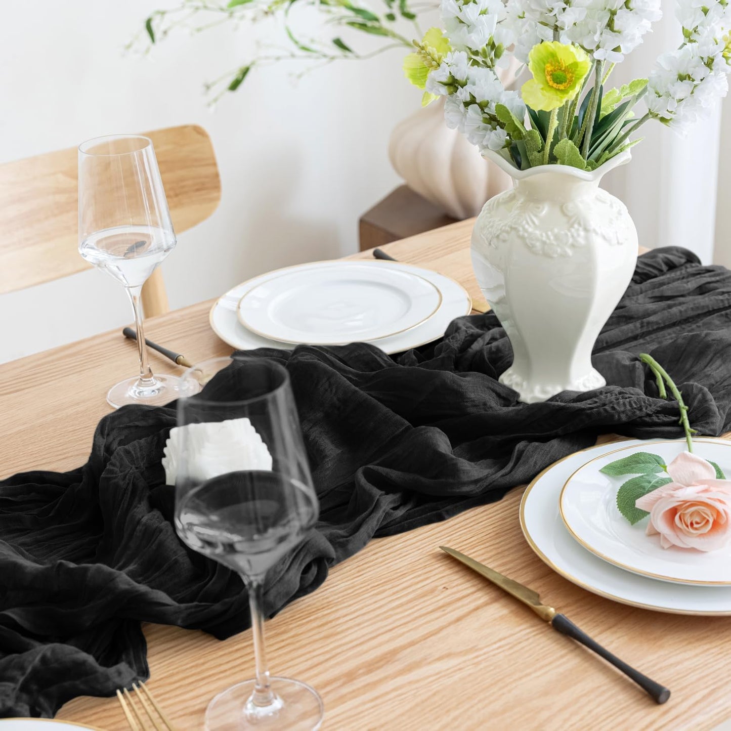 Asee'm 2pcs Cheesecloth Table Runner 120 Inches Long Black Boho Gauze Cheese Cloth Runner 10FT Rustic Sheer Table Runners for Christmas Wedding Party Baby Shower Spring Easter Decoration