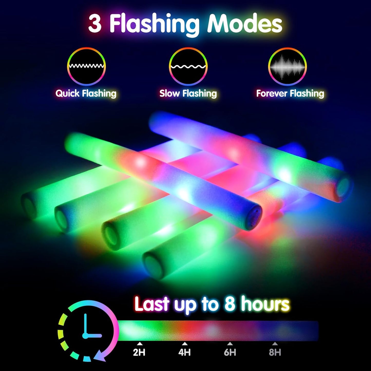 124 PCS Glow Sticks, Foam Glow Sticks, Foam Light up Sticks with 3 Modes Colorful Flashing, Glow In The Dark Party Supplies, Glow Sticks Bulk Party Pack, Foam Glow Sticks Bulk for Party, Raves