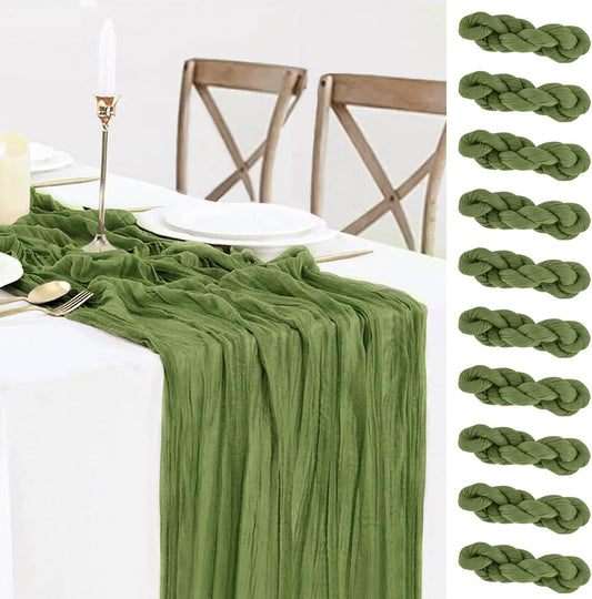 10 Packs Olive Green Cheese Cloth Table Runners, 10FT Boho Gauze Moss Green Cheesecloth Table Runner for Wedding Bridal Baby Shower Fall Thanksgiving Table Decoration