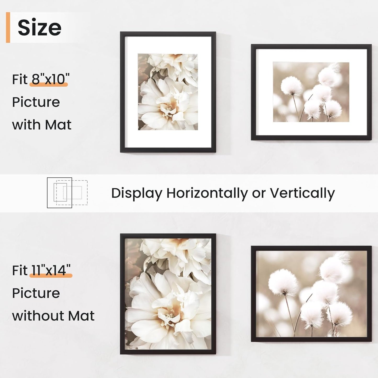 11x14 inch Picture Frame, 11x14 Photo Frames with 8x10 Removable Mat - High Definition Plexiglass - Vertical and Horizontal Display - Wall Hanging Frame - Black, 3 Pack