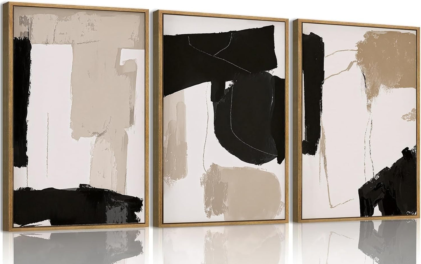 myusuar 3 Piece Large Modern Abstract Canvas Framed Wall Art For Living Room, Black And Beige Blocks Minimalist Wall Art Decor Posters Prints For Bedroom Office, 12x16in