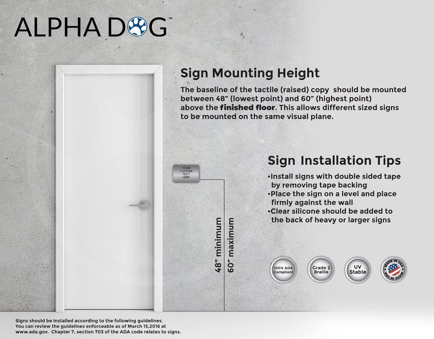 ALPHA DOG ADA SIGNS Custom ADA Compliant Braille Sign, 6"x9" Room Identification Plaque, Tactile Text, Raised Letters, Personalized 4-Line, Indoor/Outdoor, USA-Made (Brushed Stainless)