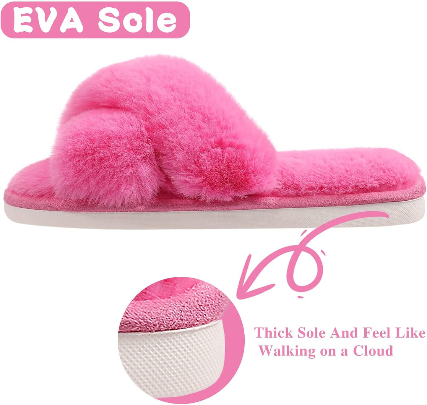 Evshine Women's Fuzzy Slippers Cross Band Memory Foam House Slippers Open Toe