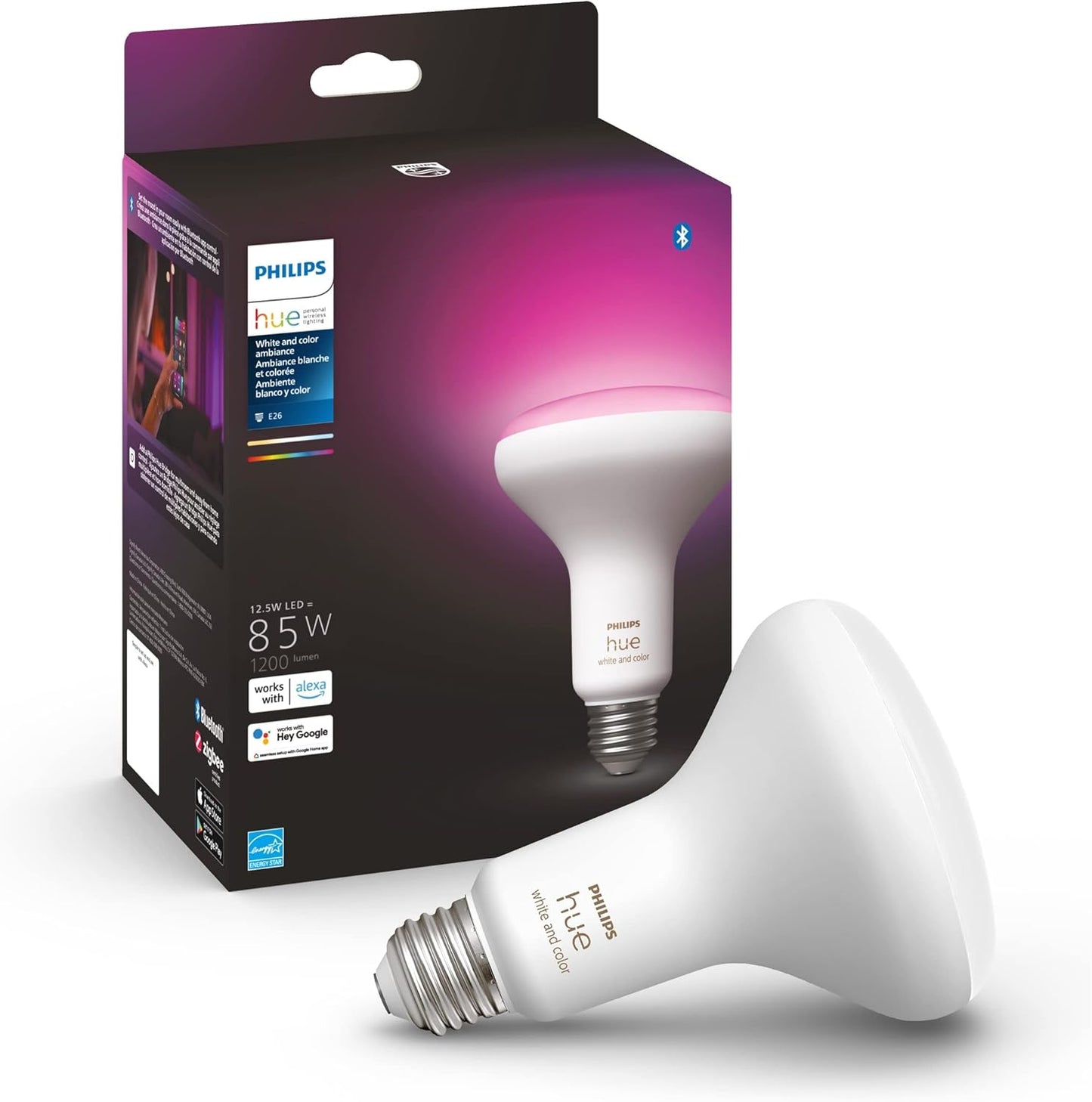 Philips Hue White and Color Ambiance BR30 1-Pack Bluetooth & Hue Smart 75W A19 Bulb 1 Pack 1100LM White and Color