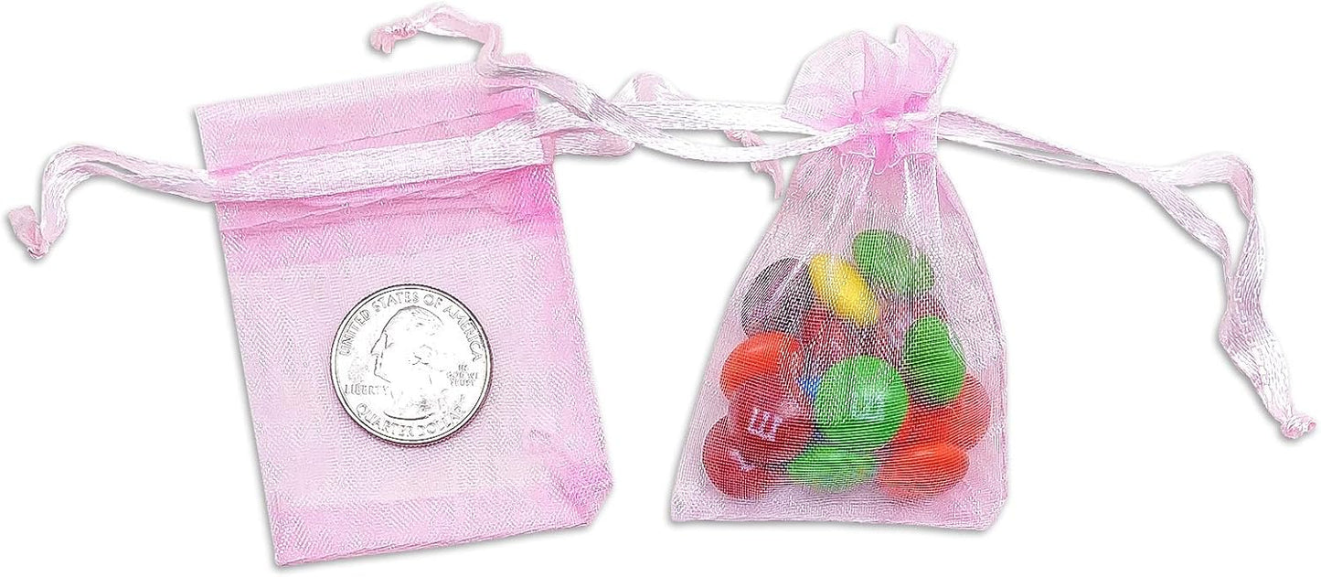 TheDisplayGuys 100-Pack XS 2 x 2 3/4" Pink Sheer Organza Gift Bags with Drawstring, Jewelry Candy Treat Wedding Party Favors Mesh Pouch