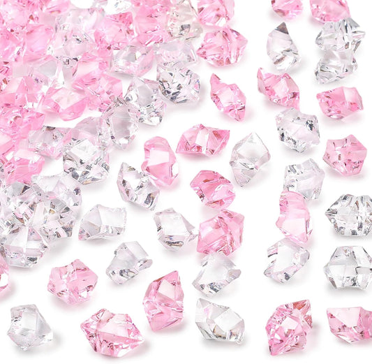 DomeStar Fake Ice, 150PCS Acrylic Fake Diamonds Vase Fillers Pink and Transparent Rocks Plastic Gems for Party Table Scatter Decor