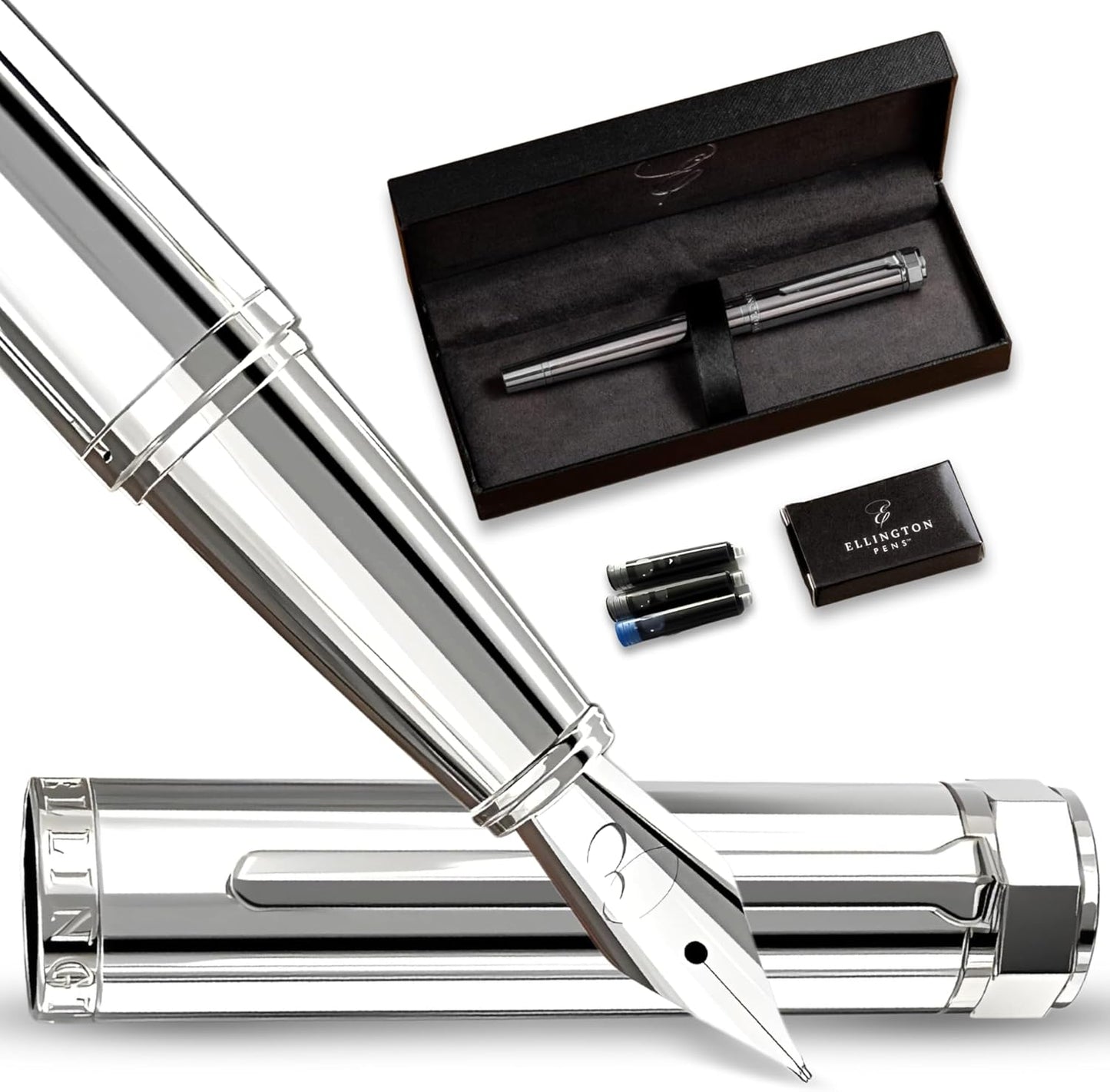 Ellington Pens Luxury Fountain Pen Set- Fountain Pens for Writing - Smooth Fine Nib - Includes Refillable Ink Converter, 3 Ink Cartridges [Black & Blue], Gift Box - Elegant Calligraphy
