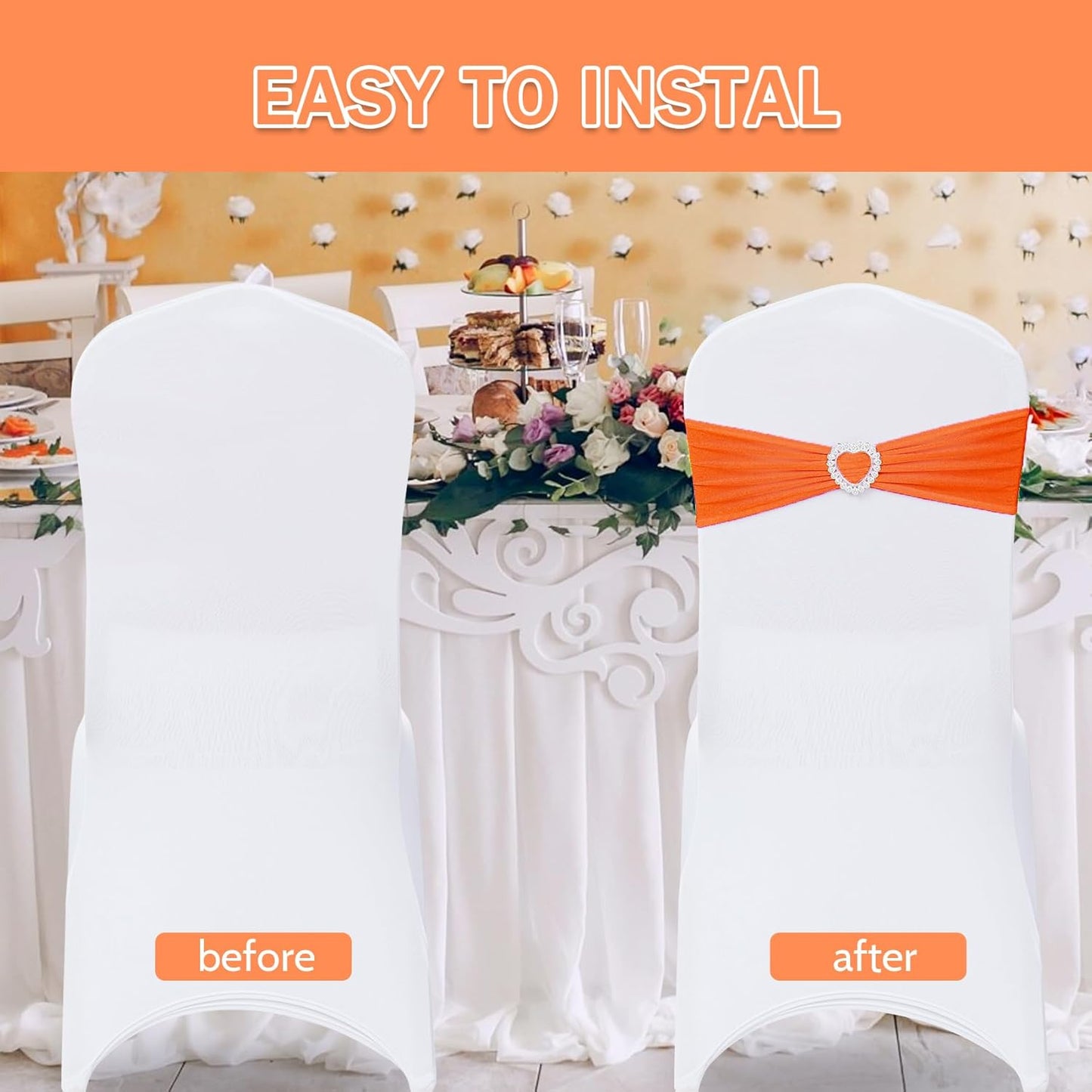 Howhic Pack of 60 Spandex Chair Sashes Bows Stretch Chair Cover Band with Buckle Slider Universal Elastic Chair Ties for Wedding Banquet Party Event Decoration (Orange)