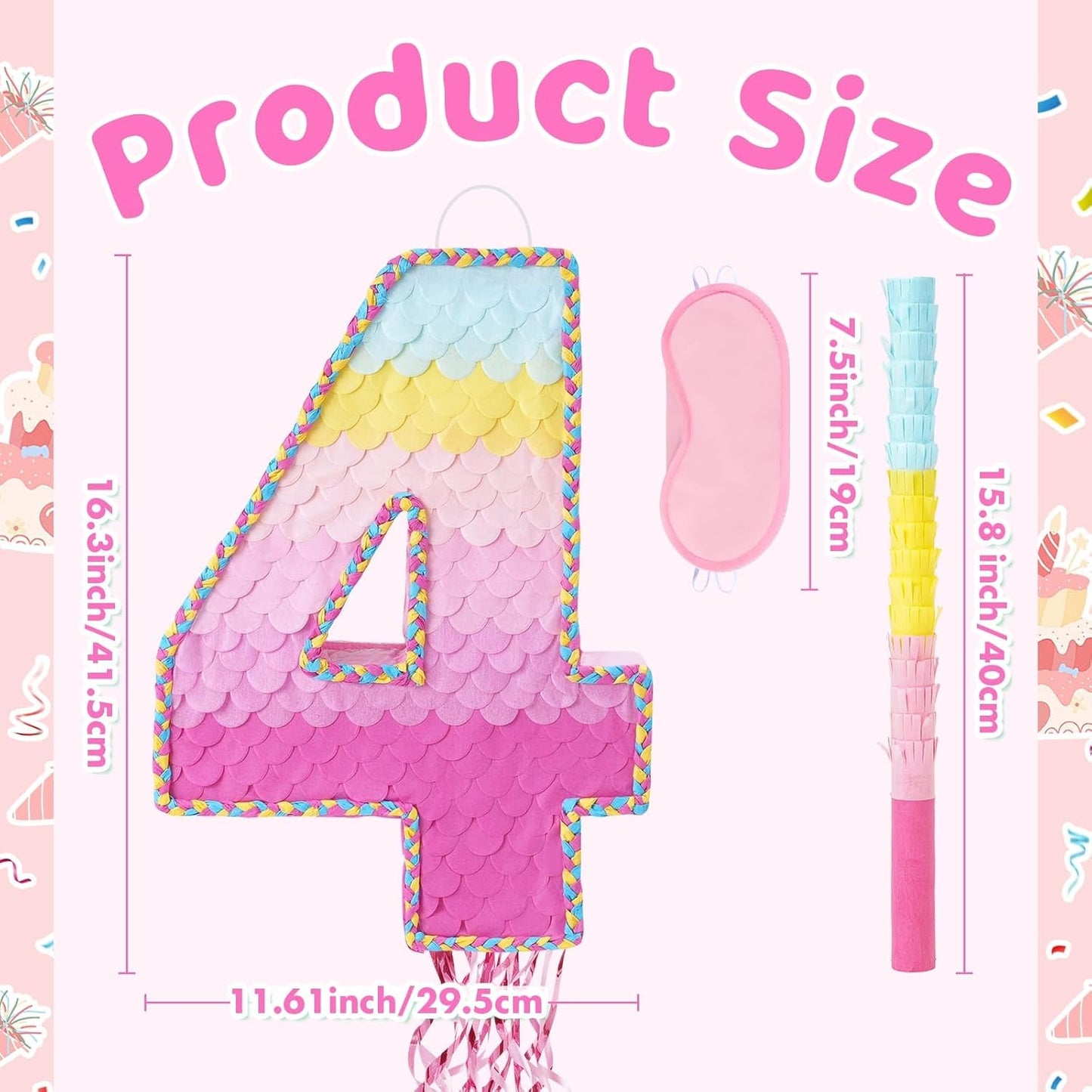 WERNNSAI Pink Sweet Four Pinata - Number 4 Pinata Happy Birthday Decoration Pink Rainbow Design Party Games for Girl Princess Baby Shower Party Favor with Blindfold Anniversary Celebration Supplies