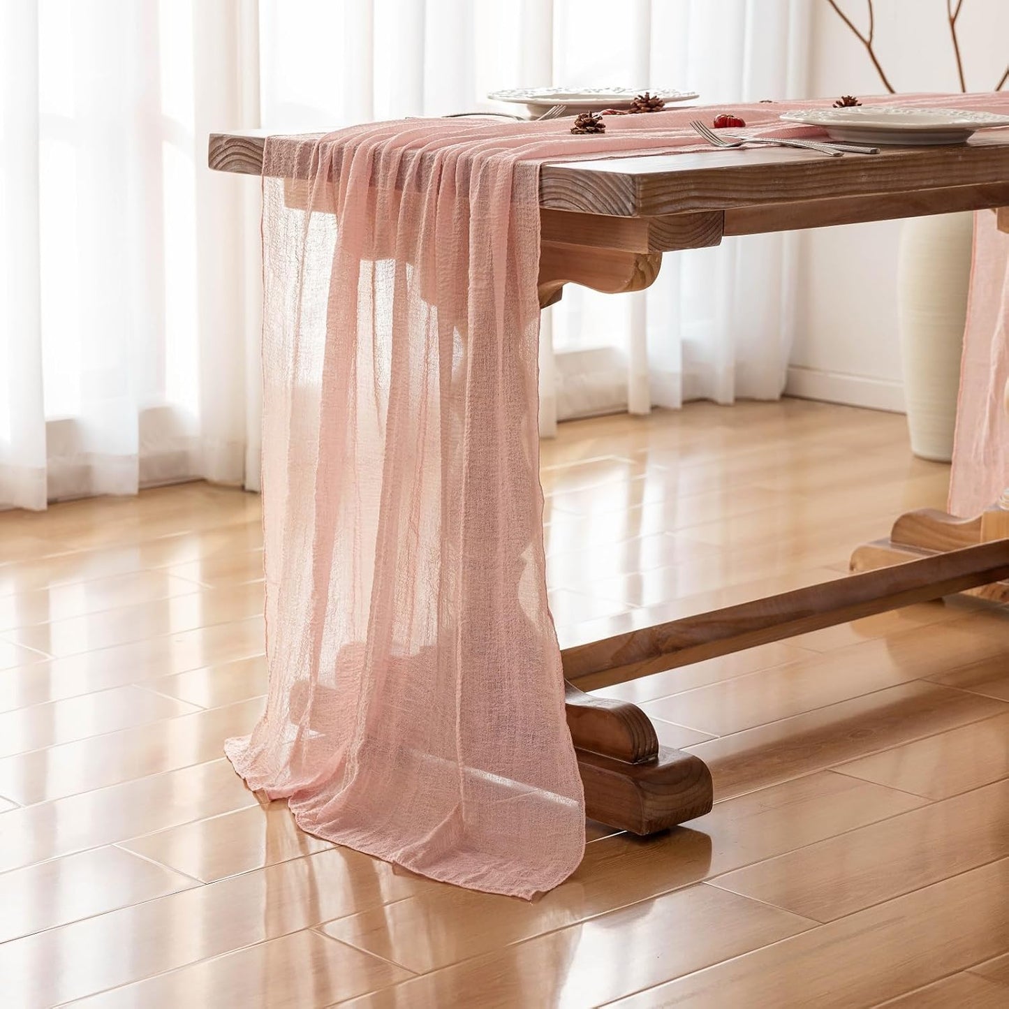3pcs Pink Gauze Rustic Cheesecloth Table Runner 120 Inch 10 FT for Wedding Baby Shower Bridal Shower Birthday Engagement Garden Outdoor Party Long Sheer Boho Decorations