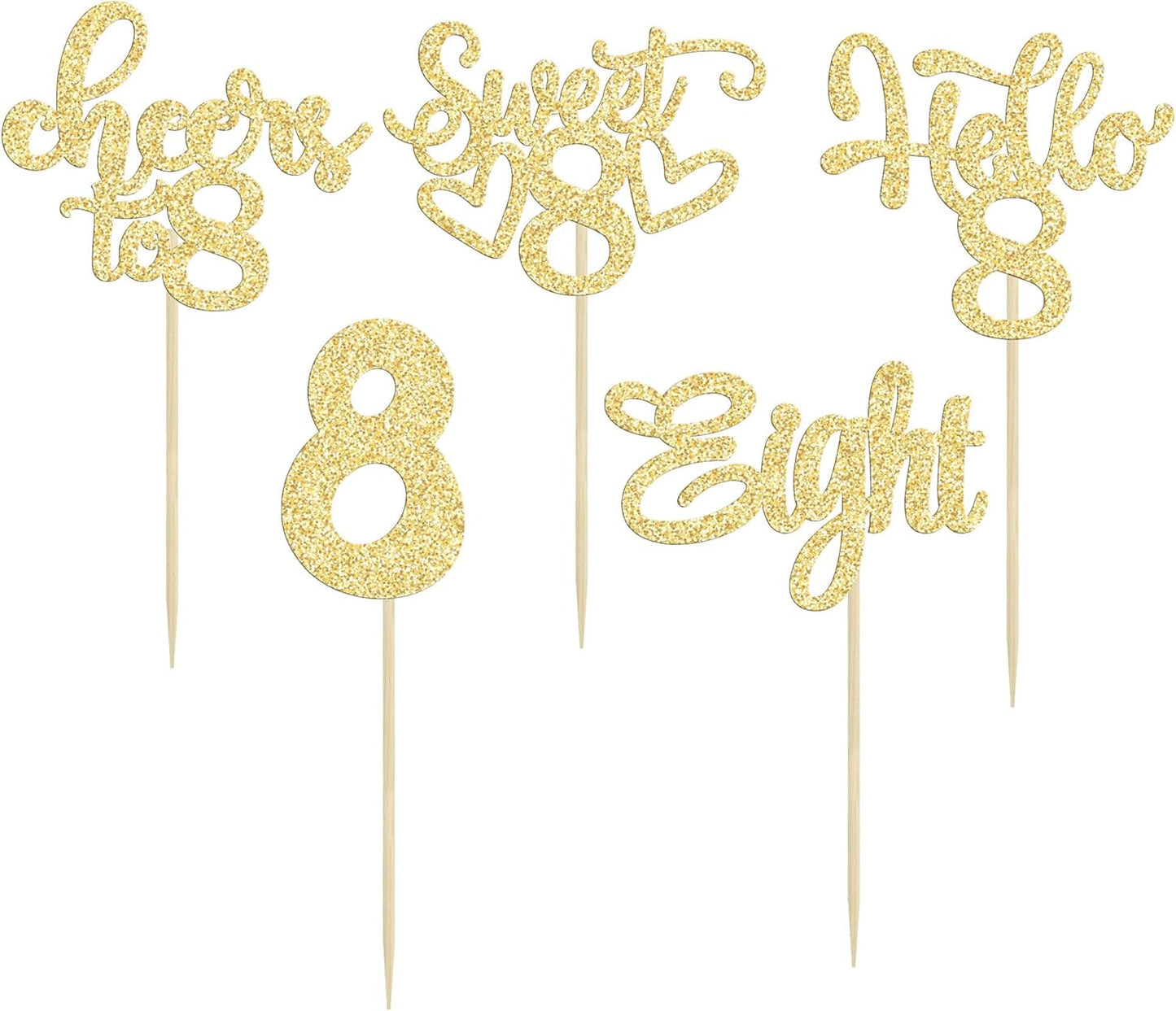 30Pcs 8th Birthday Cupcake Toppers Glitter Eight Hello 8 Cupcake Picks Cheers to 8 Years Old Cake Decorations for 8th Birthday Party Supplies Gold