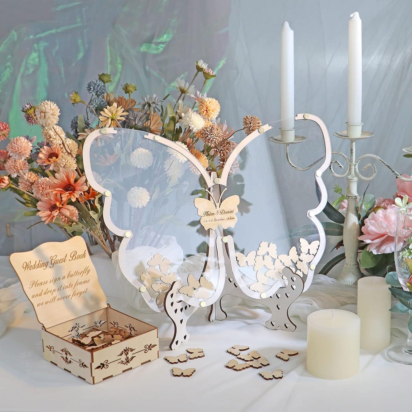 14Colors Butterfly Guest Book Alternativey for 40 Guests to 200 Guests,Rustic Drop Wooden Signs for Wedding,Quinceanera,Birthdays and Baby Show