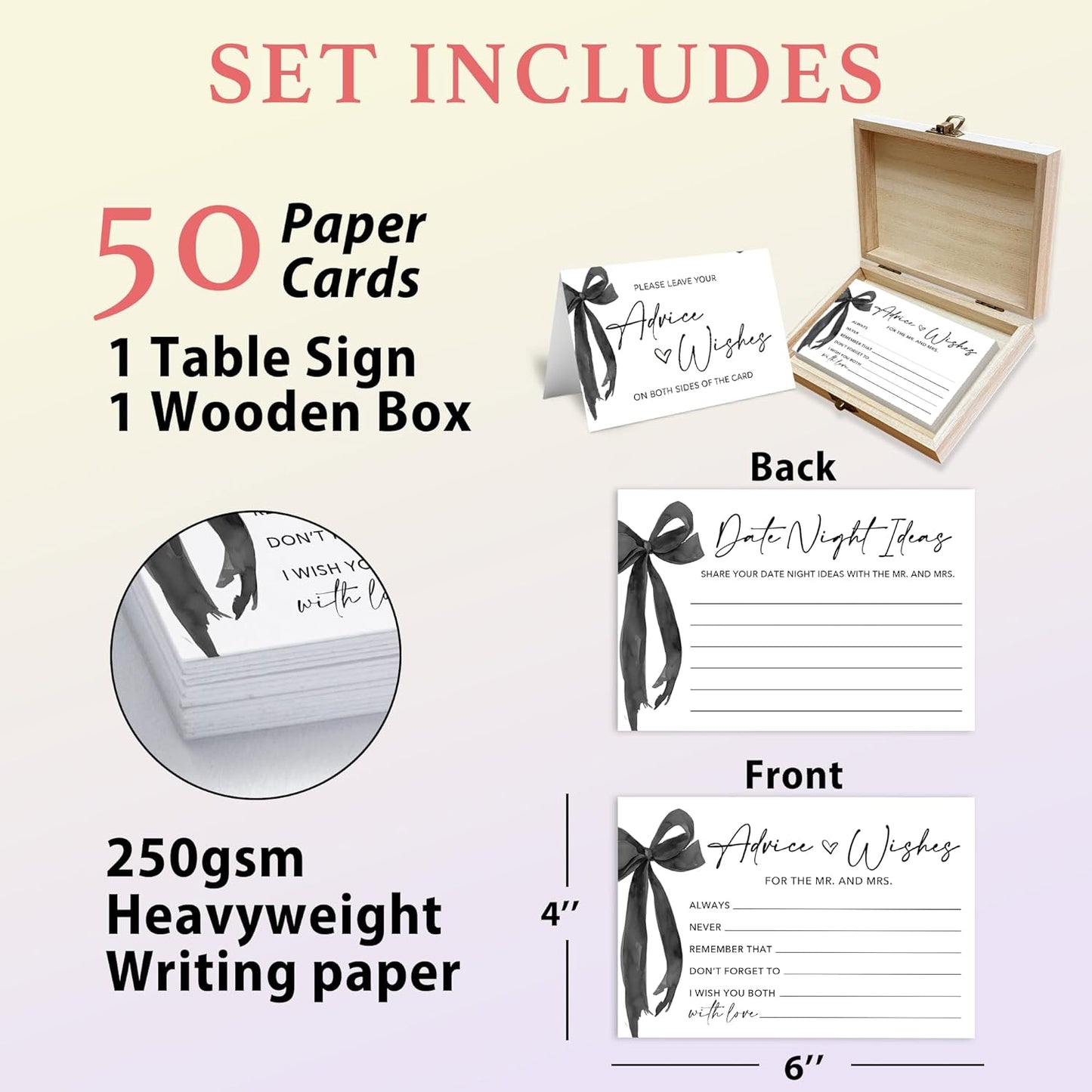 50 Pcs Advice and Wishes for the Mr and Mrs Cards in Box - Bridal Shower Guest Book - Perfect for Newlywed Games, Reception Decor, Engagement Parties & Anniversary Wishes(Black Bow) - B07