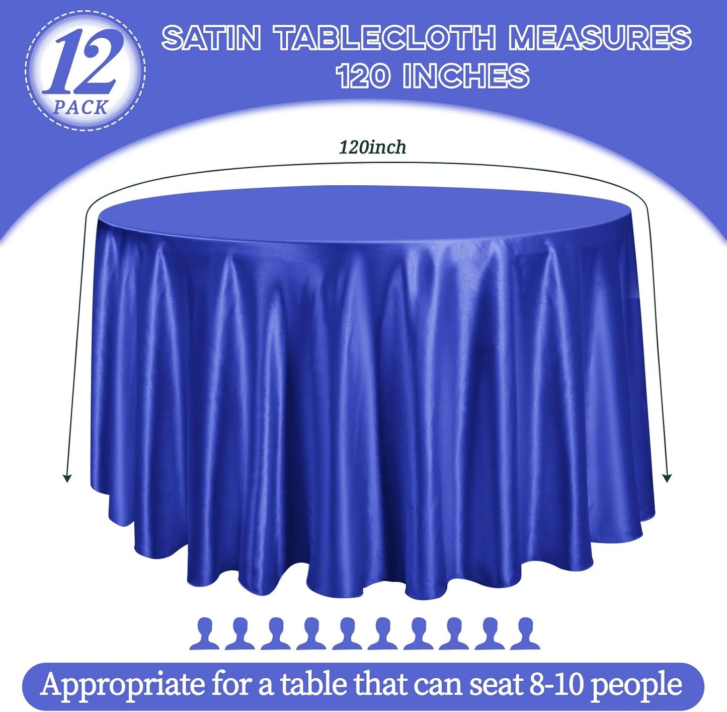 fani 12 Pack 120 Inch Royal Blue Satin Tablecloth - Silky Round Tablecloth Overlay Smooth Fabric Table Cover, Bright Table Decoration for Wedding Party Banquet Events Restaurant Kitchen Dining