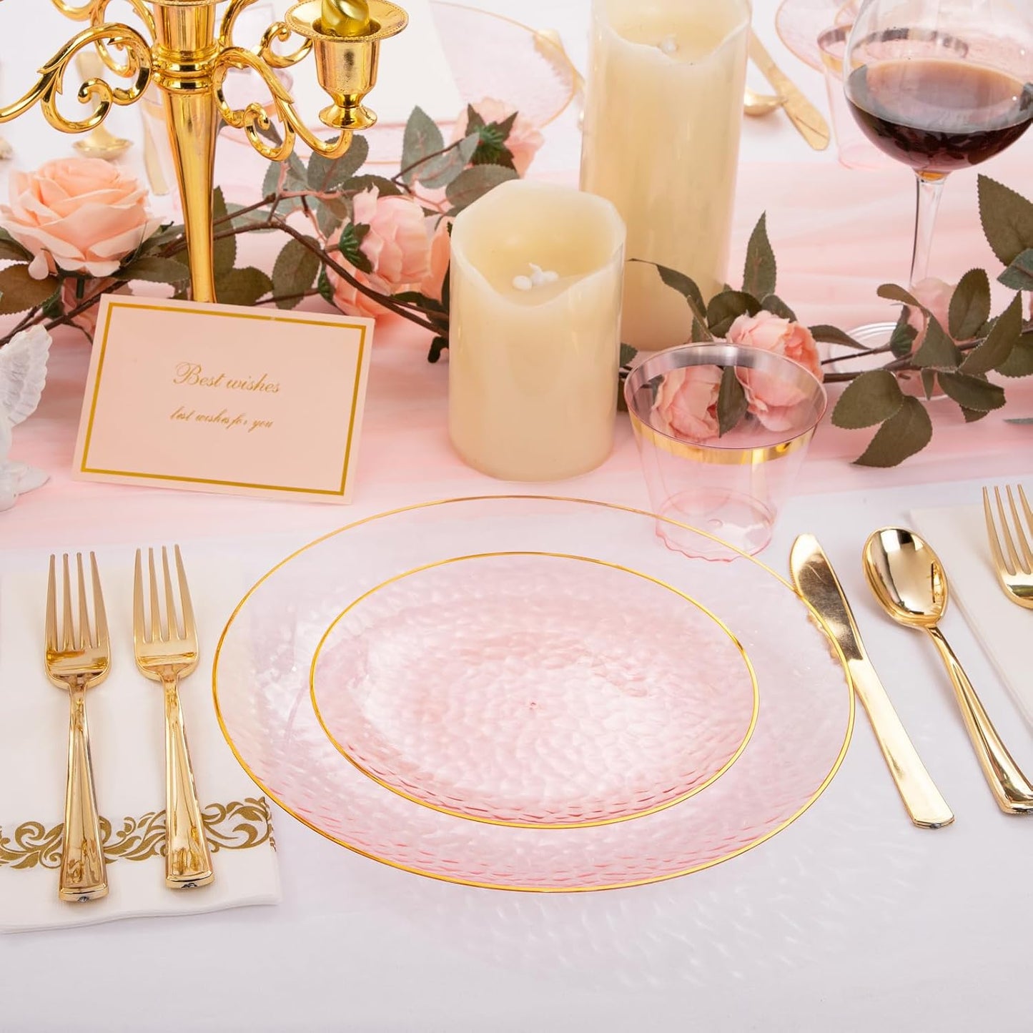 Rubtlamp 175 Pcs Pink Plastic Plates Dinnerware Set (25 Guests), Pink Disposable Plates With Gold Rim, Hammered Party Platos Set Include Dinner Plates, Dessert Plates, Cups, Cutlery for Party