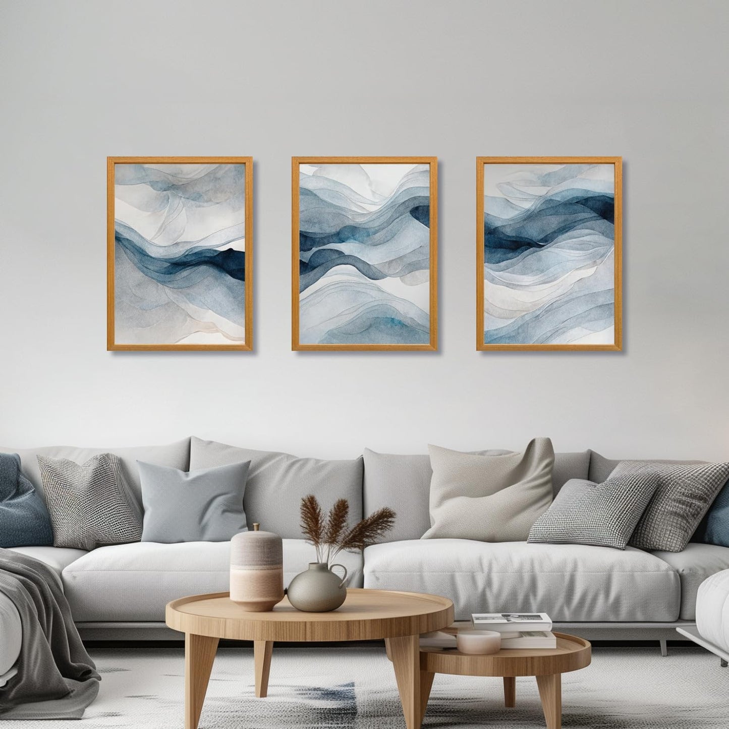 IAFWZX Wood Framed Blue Gray Abstract Wall Art, Modern Minimalist Waves Wall Decor, Neutral Watercolor Line Canvas Paintings, Navy Blue Watercolor Poster Prints for Living Room Office 16"x24"x3