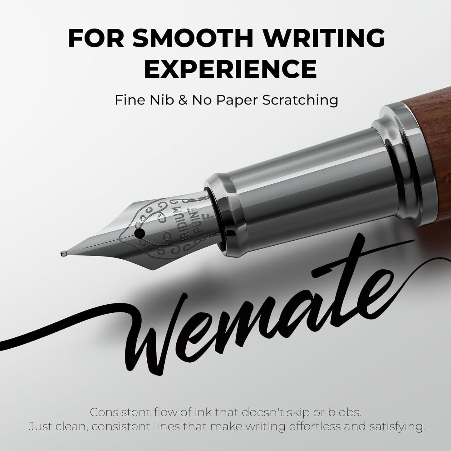 WEMATE Fountain Pen Set, Fine Nib, 20 Ink Cartridges(10 Black&10 Blue), 1 Ink Converter, Smooth Writing, No Skips, Nice Gift for Men, Women, Cool Wood Fountain Pen for Writing, Calligraphy