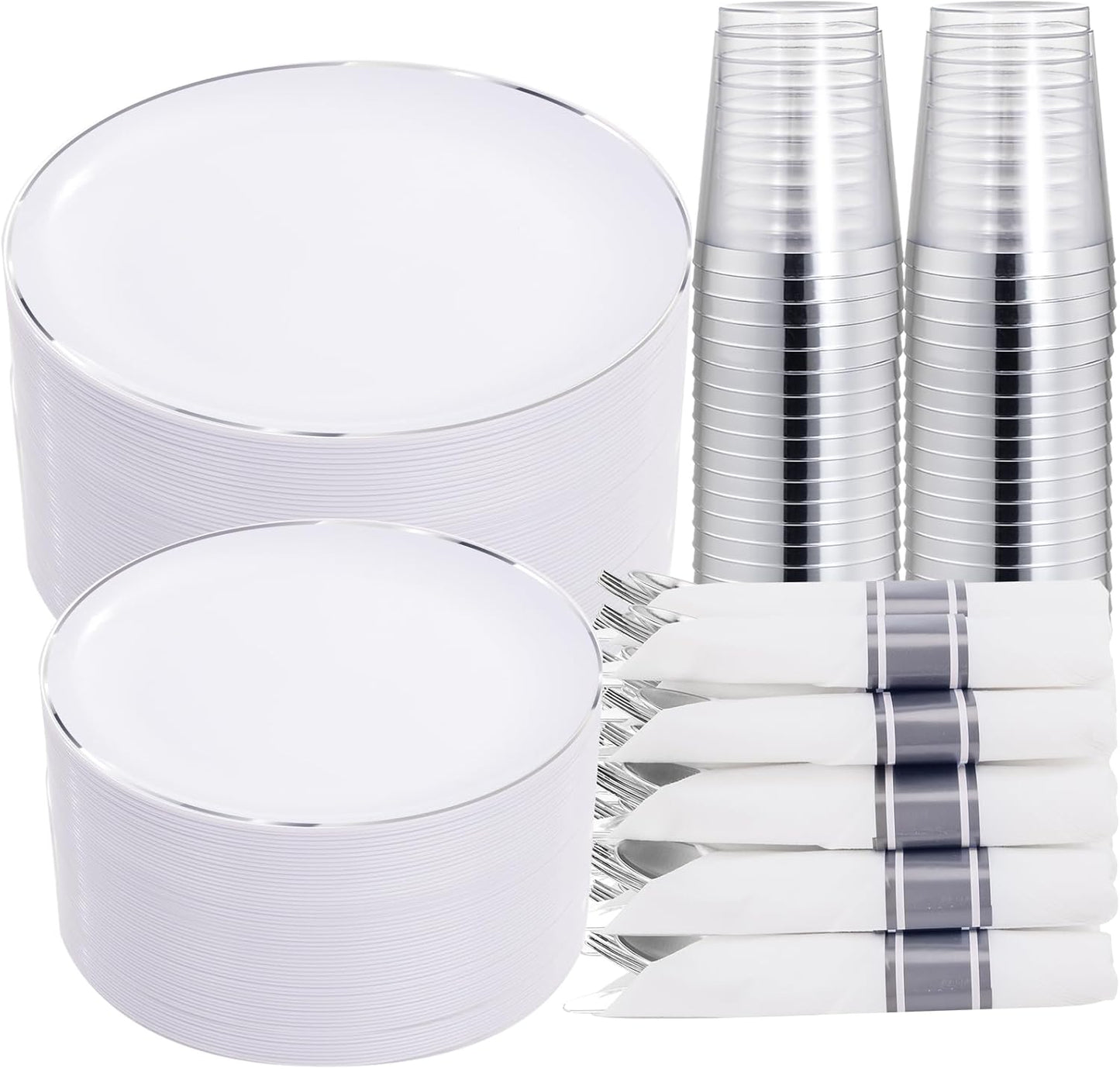 KIRE 350 PCS Plastic Dinnerware Set for 50 Guests, Silver Plastic Plates Include 50 Dinner, 50 Dessert Plates, 50 Pre Rolled Napkins with Silverware, 50 Cups for Wedding, Party, Banqet, Gathering