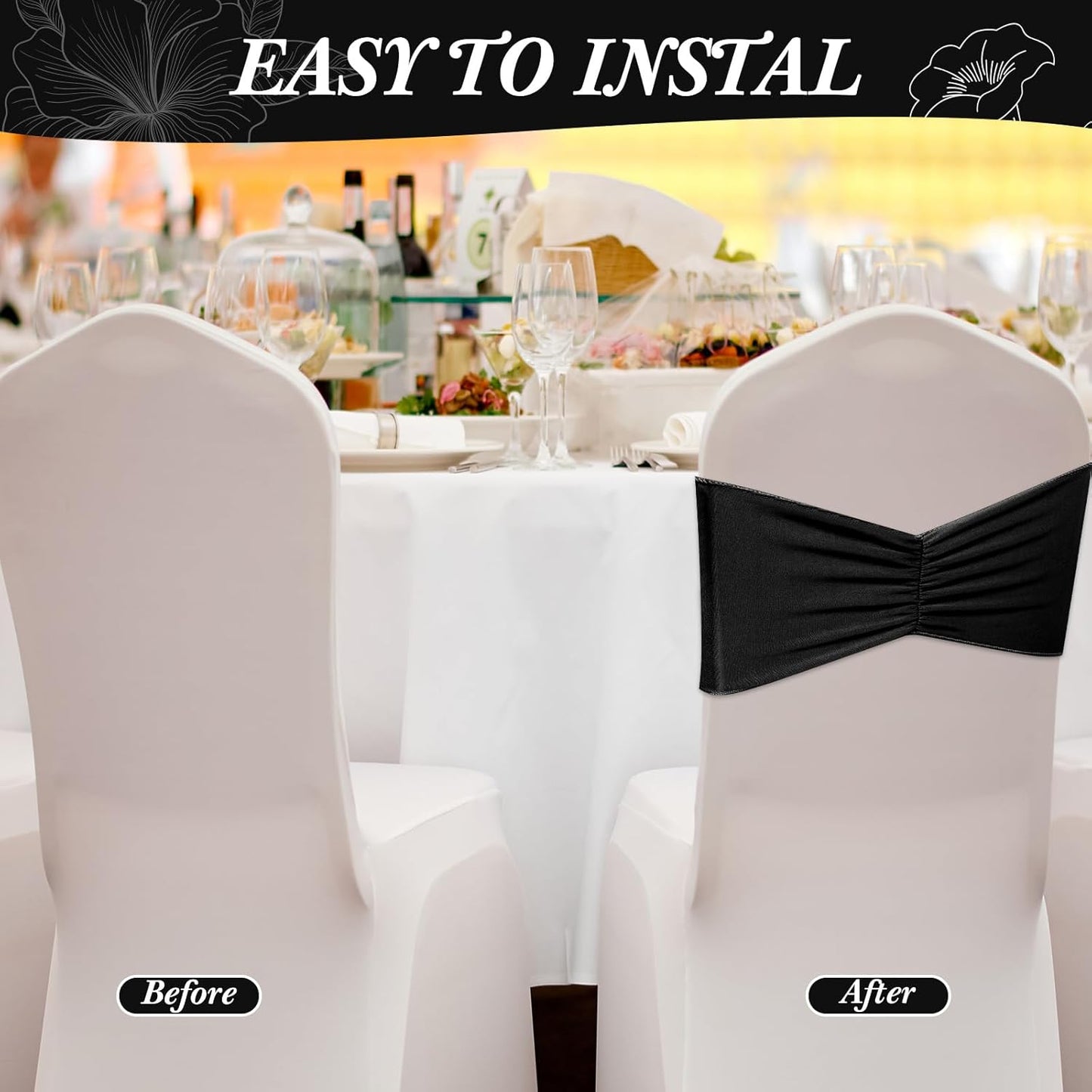 Moukeren 100 Pcs Spandex Chair Sashes Bows Bands Slider Sashes for Chair Covers Elastic Bands Ties Ribbon Decorations for Wedding Party Events Ceremony Birthday Banquet(Black)