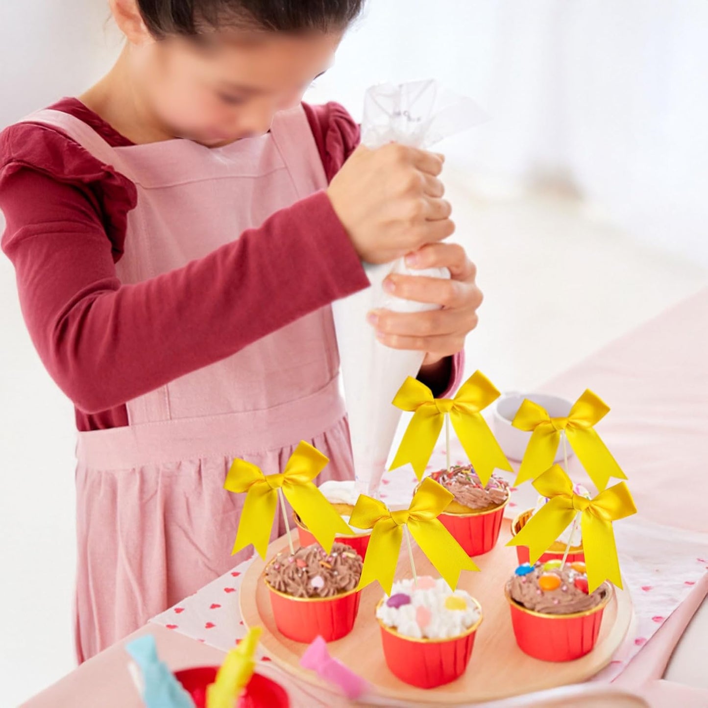 Gyufise 24Pcs Bow Cupcake Toppers Coquette Bow Girls Birthday Cake Decorations Bowknot Cake Toppers Bowknot Cupcake Picks for Baby Shower Birthday Wedding Bridal Engagement Party Supplies Yellow