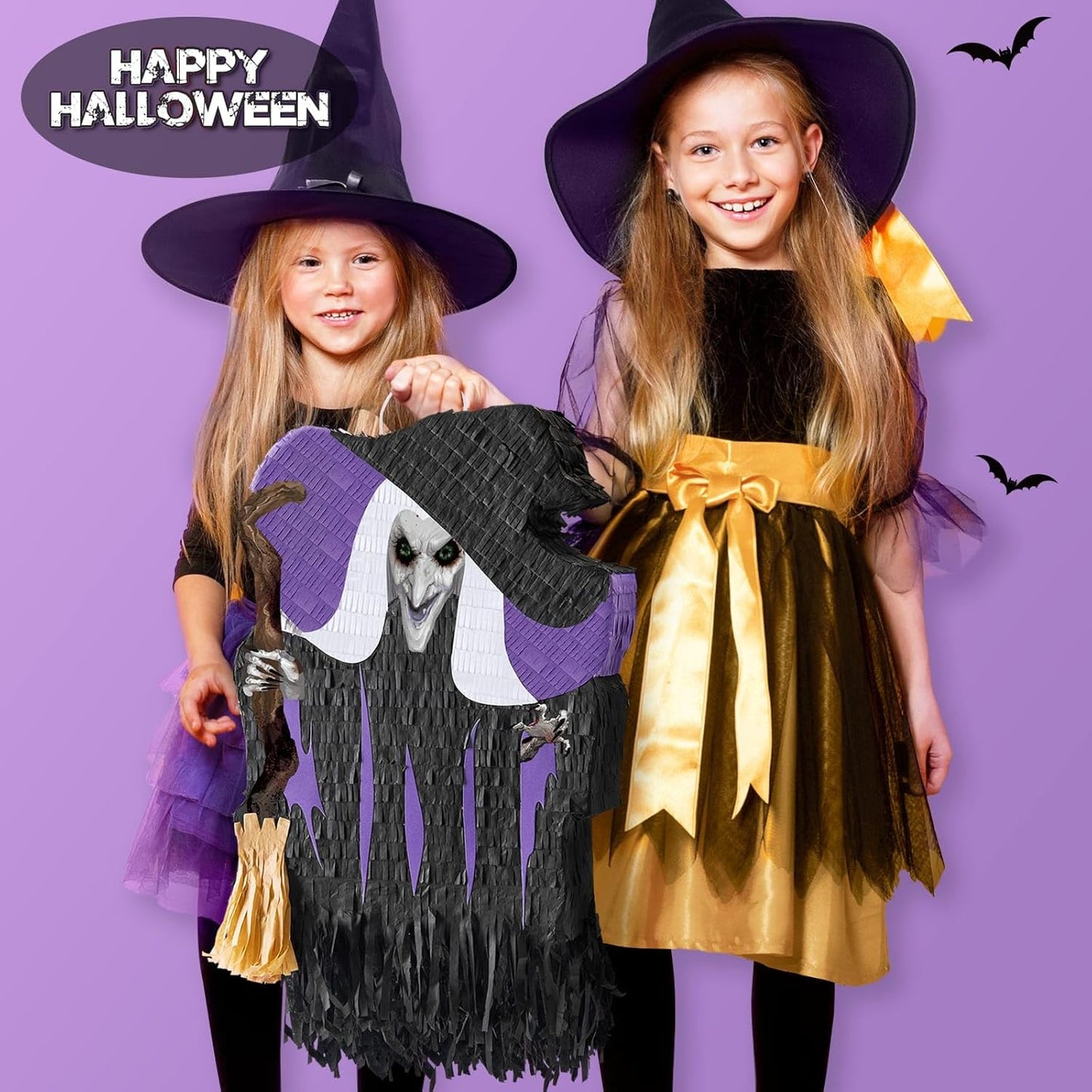 WERNNSAI Halloween Witch Pinata - Halloween Witch Party Game Hallow-een Party Decorations for Kids Birthday Decor Favor Scary Hallow-een Decorations Hallows Eve Supply with Bat Blindfold