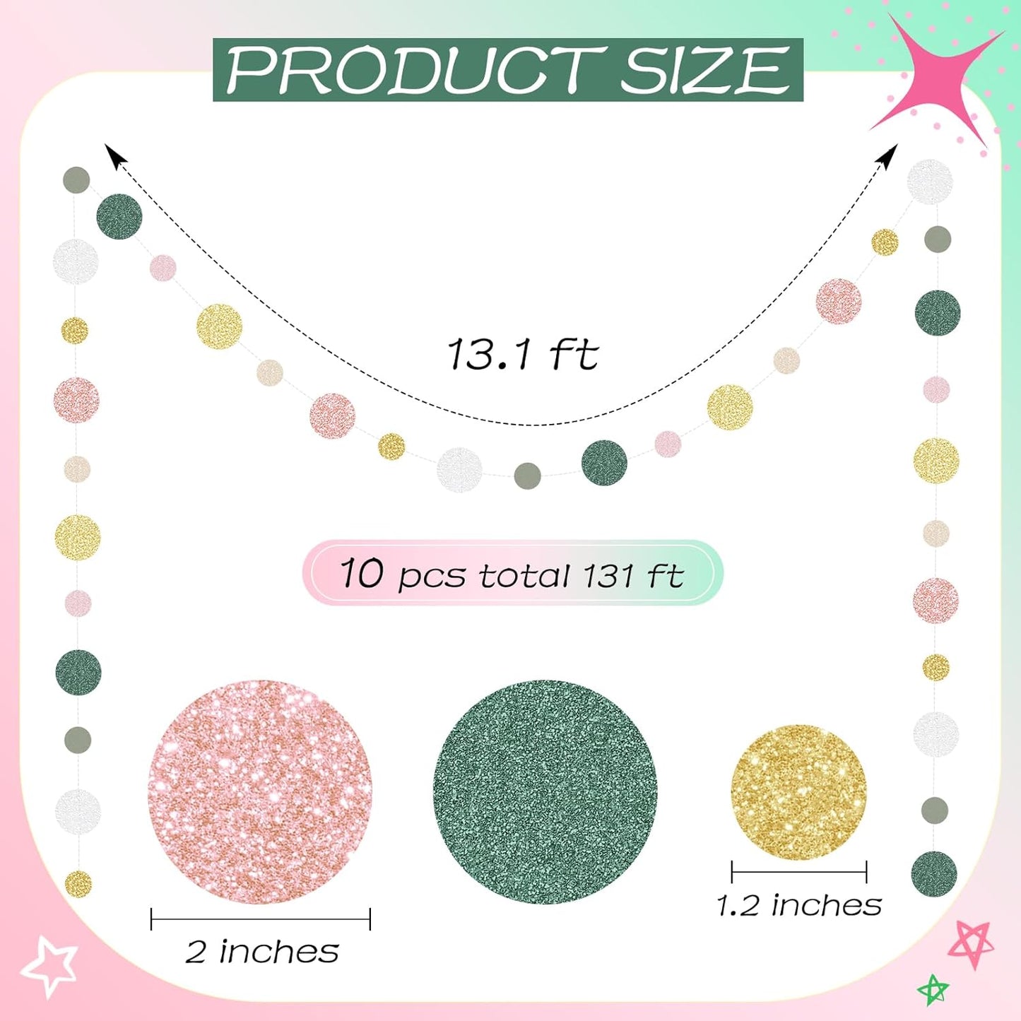 Outus 10 Pieces Colorful Dots Paper Garland Round Glitter Garland Hanging Confetti Streamers Backdrop for Candy Birthday Classroom Halloween Trunk or Treat Car Decoration (Sage Green,Pink,Gold)