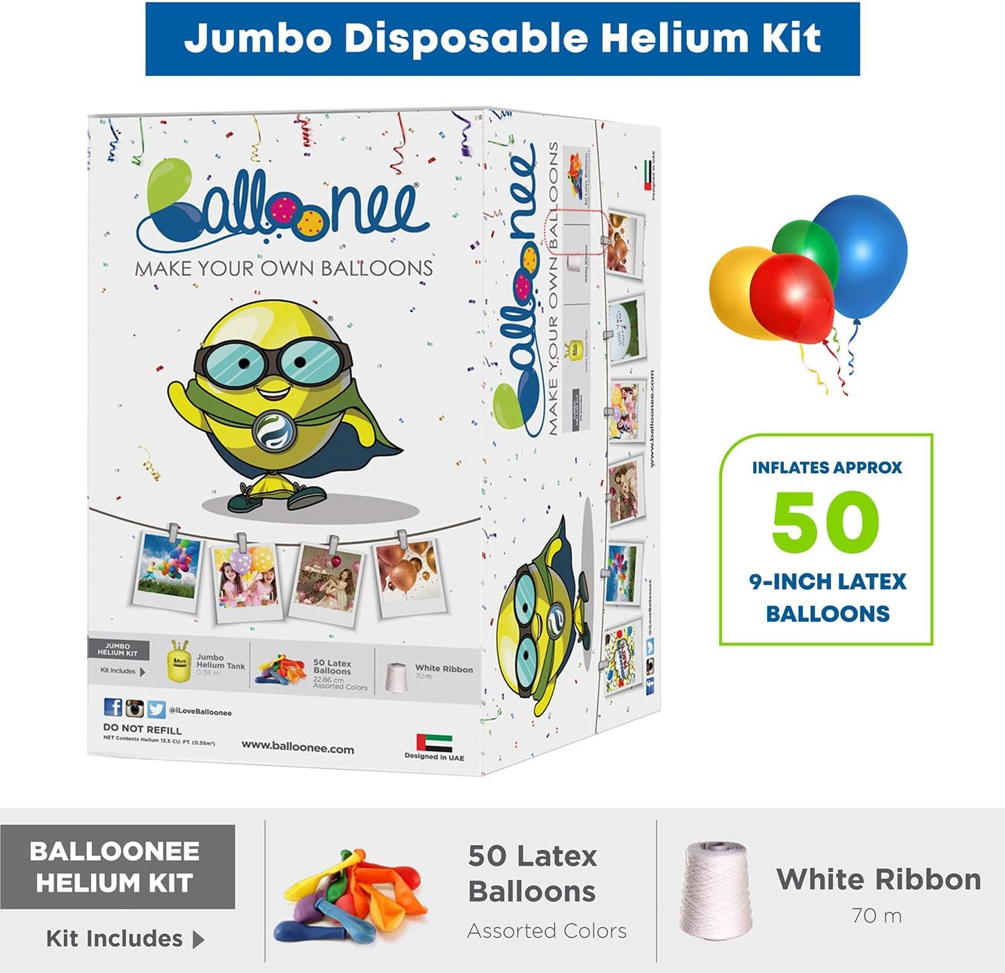 Jumbo Disposable Helium Party Kit - Pack of 4, Helium Tank for Balloons At Home, 13.5 Cu Ft Helium Balloon Pump Kit with 200 Assorted Latex Balloons, Portable for Celebrations