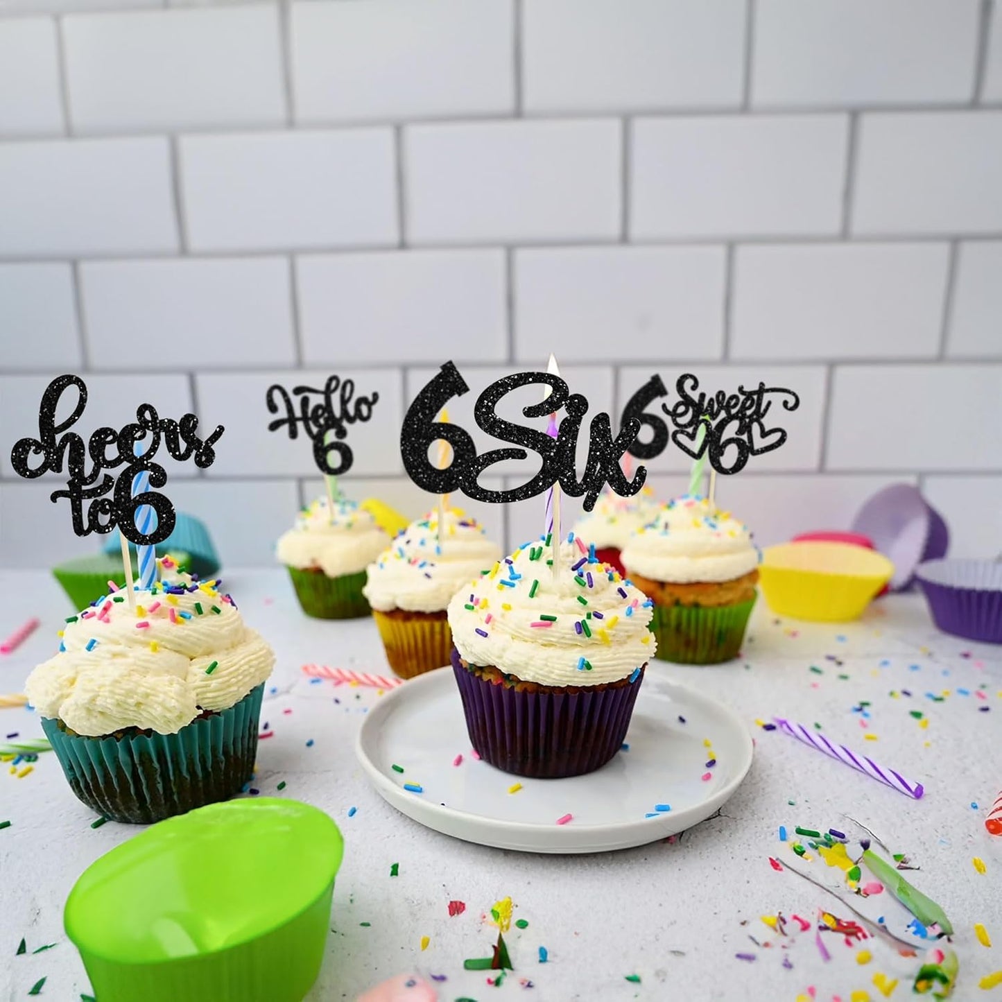 30Pcs 6th Birthday Cupcake Toppers Glitter Six Hello 6 Cupcake Picks Cheers to 6 Years Old Cake Decorations for 6th Birthday Party Supplies Black