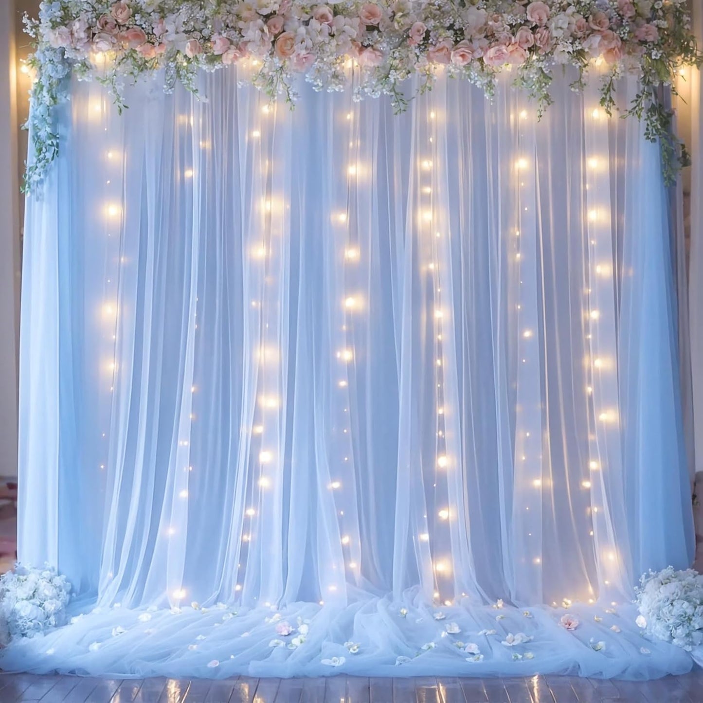 Blue Tulle Backdrop Curtains with Lights String for Parites Baby Shower 20×10ft Blue Sheer Backdrop Curtains Drapes for Bridal Shower Birthday Party Photo Shoot Background Decorations(4 Panels 5×10ft)