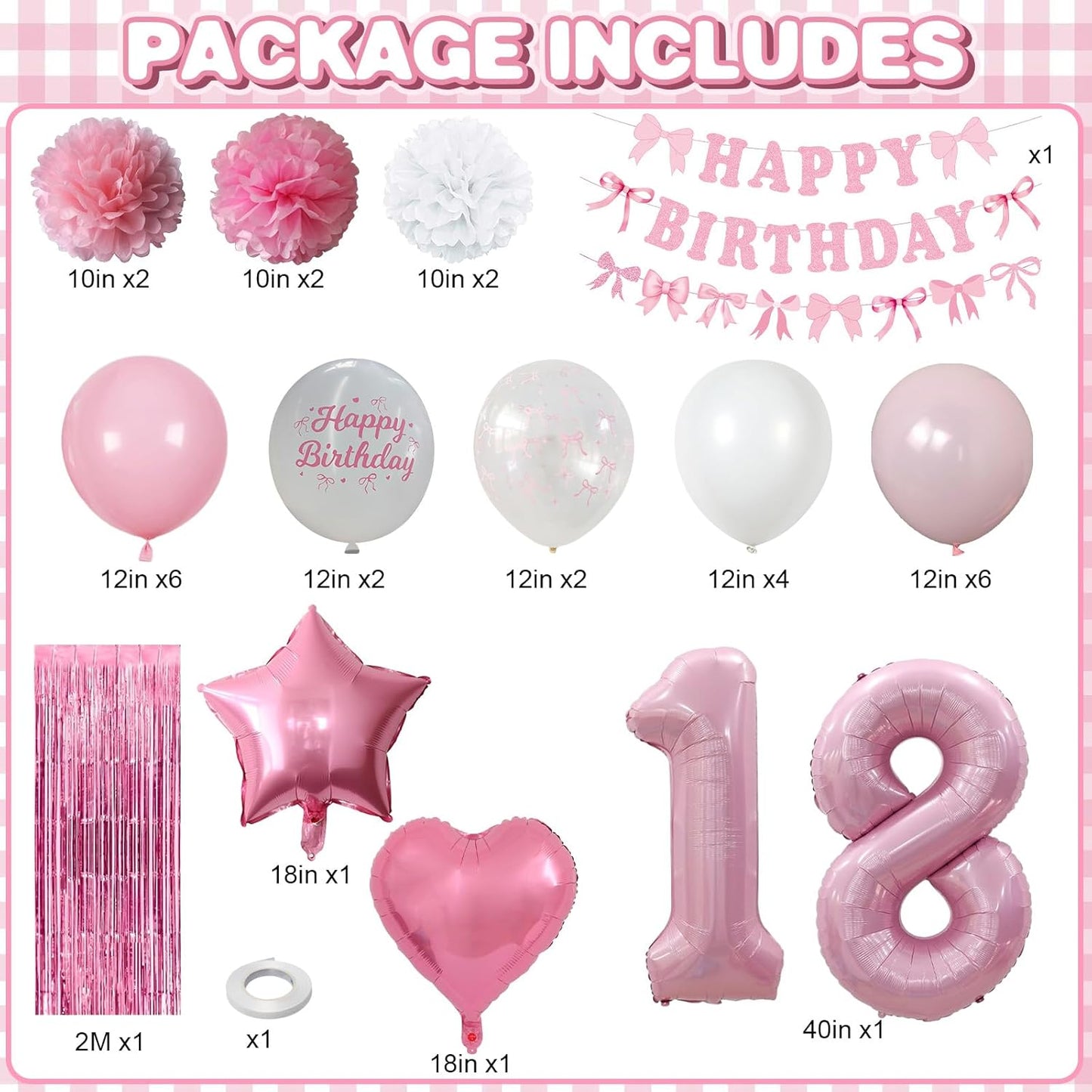 18th Birthday Decorations for Girls Pink Number 18 Balloon Bow Coquette Happy Birthday Banner Fringe Curtain Paper Pom Poms Star Heart Foil Pink White Balloons 18 Year Old Party Decor for Her