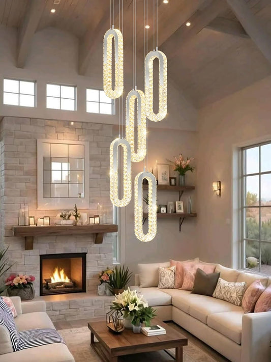 5 Rings Crystal Chandeliers for Staircase Large Pendants Light Fixture Silver High Ceiling Chandelier for Entryway Bedroom Foyer 2700K-6000K