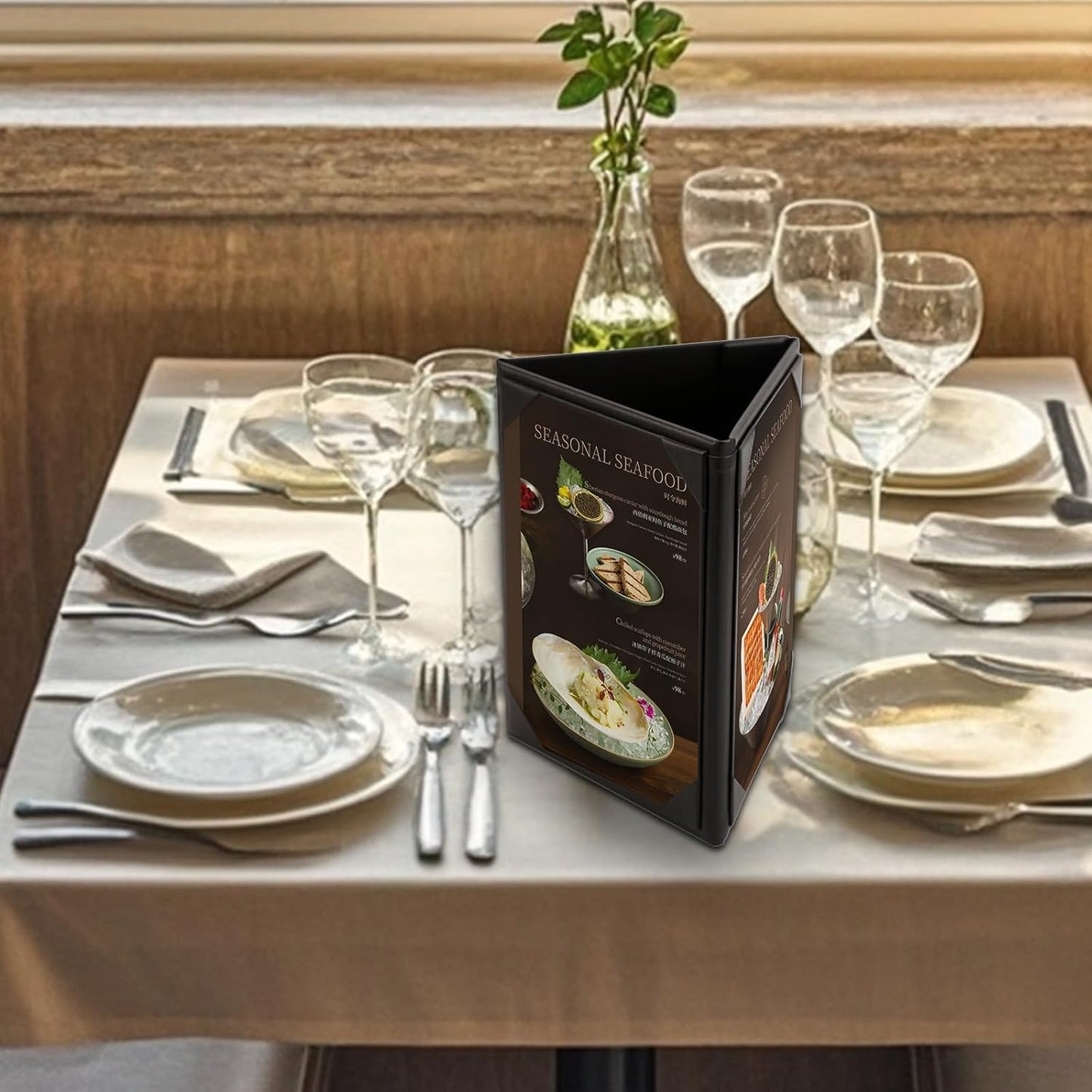 Menu Covers - Set of 10 Double-Sided Table Tent Cards for Restaurant, Dinner Party, and Bar Menus - Includes Bill Holder and Reserved Seating Signs - Easy to Clean and Foldable (20, 5"x7"Trifold)