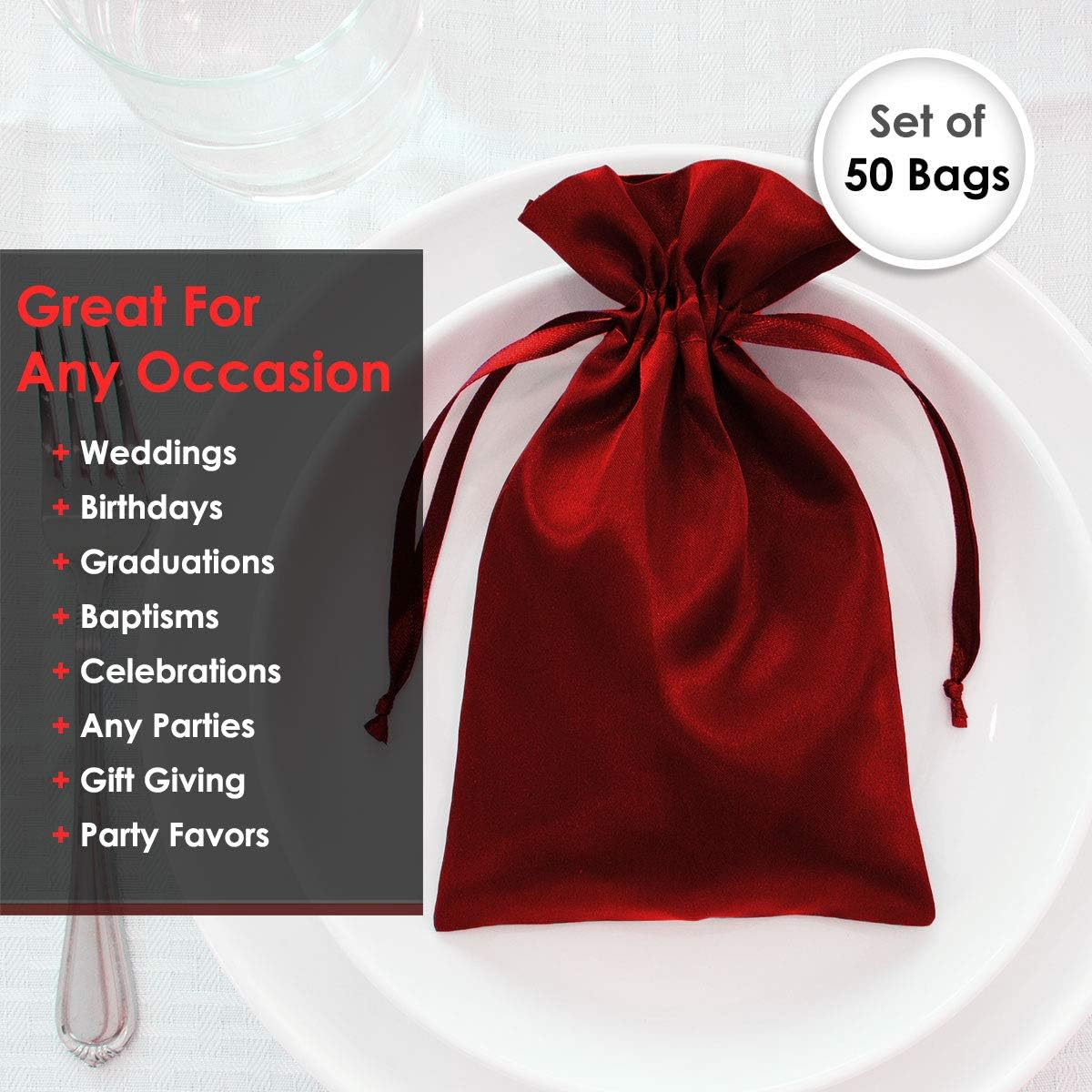 Linen and Bags 6" x 9" Wine Satin Bags, Jewelry Bags, Wedding Favor Drawstring Bags Baby Shower Bags 50 per Pack