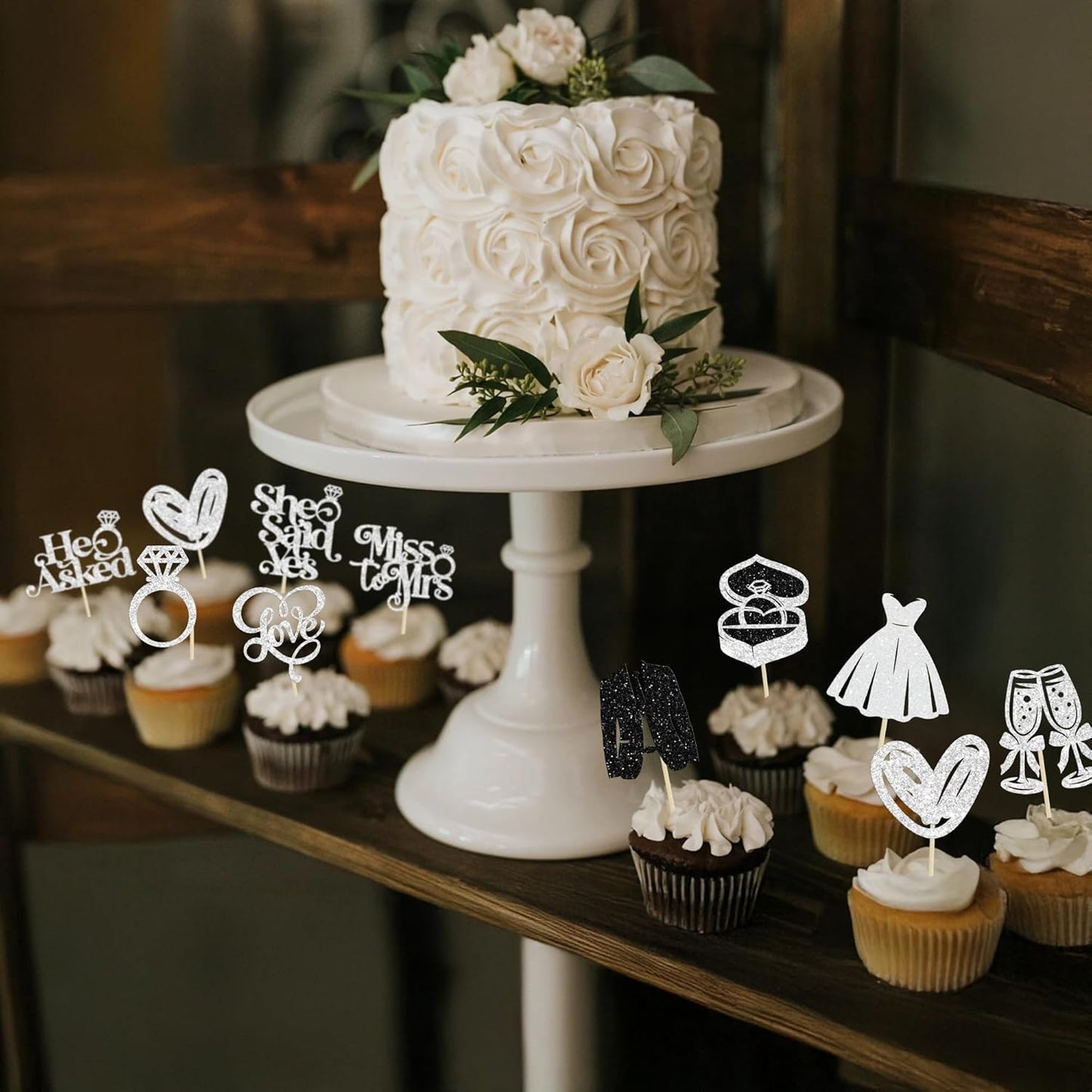 Gyufise 30Pcs She Said Yes Cupcake Toppers Glitter Diamond Ring I Do Love Cupcake Picks Miss to Mrs He Asked Bridal Shower Wedding Engagement Bachelorette Cake Decoration Silver