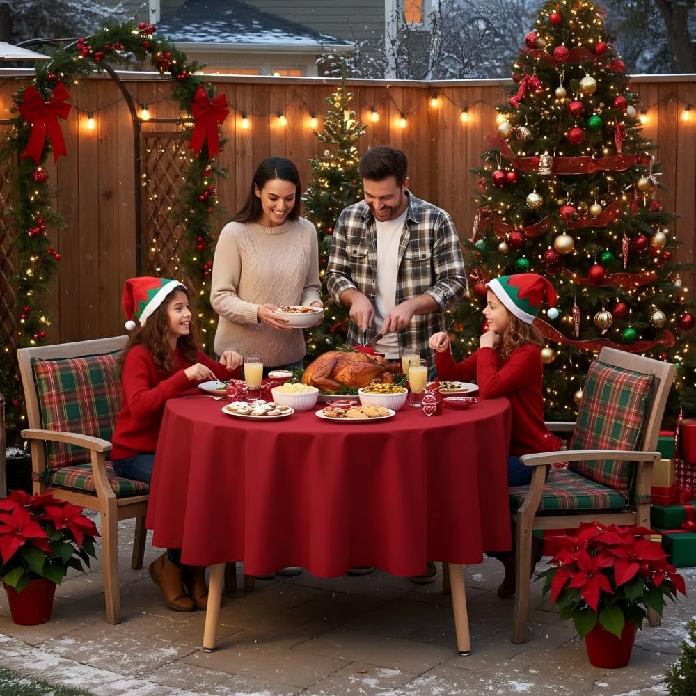 sancua Round Tablecloth - 48 Inch - Water Resistant Spill Proof Washable Polyester Table Cloth Decorative Fabric Table Cover for Dining Tables, Buffet Parties and Camping, Red