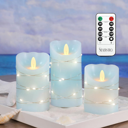 Silverstro Nautical Flameless Candles with String Lights Flickering Blue Battery Operated Candles with Remote Control & Timer - Home Farmhouse Holiday Ocean Decor - Set of 3