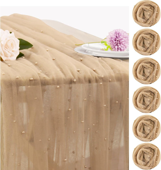Set of 6 Pearl Table Runner 29 x 120 Inch Tulle Fabric Lace Table Runners Boho Rustic Tablecloth for Bridal Shower Birthday Party Wedding Arch Aisle Veil Dessert Table Decor(Nude)