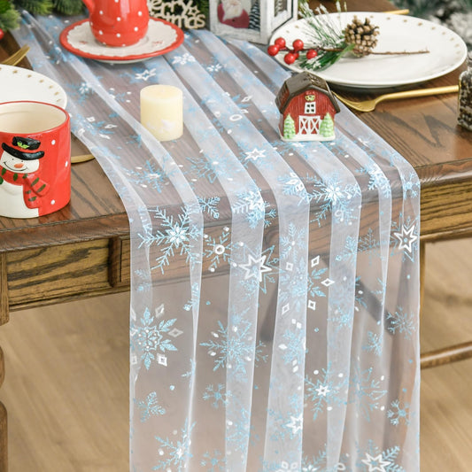 Artoid Mode Blue Snowflakes Merry Christmas Gauze Table Runner 120 Inch 10FT, Winter Seasonal Sheer Dining Holiday Wedding Table Decor for Home Party