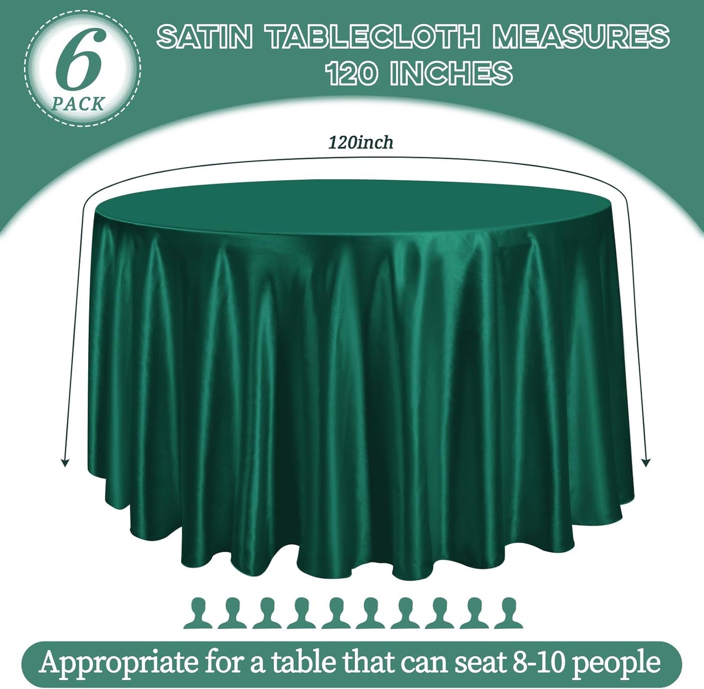 6 Pack 120 Inch Hunter Green Satin Tablecloth - Premium Bright Silky Round Tablecloth Overlay Smooth Fabric Table Cover, Table Decoration for Wedding Party Banquet Events Restaurant Kitchen Dining