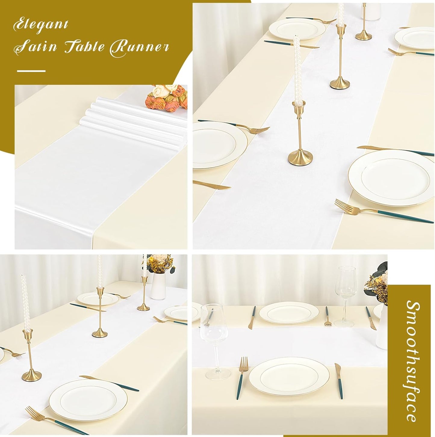 12 Pack White Satin Table Runner 12 x 108 inch Long Premium Smooth Table Runner for Wedding, Banquets, Birthday, Party, Graduation, Engagements,Table Runners fit Rectangle and Round Table