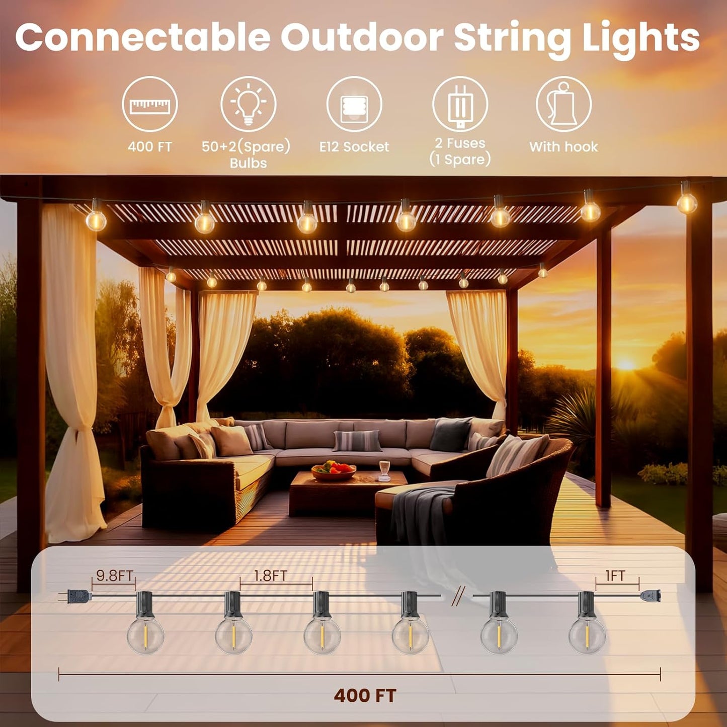 RTTY Outdoor String Lights 400 ft, 4 Pack 100 ft G40 Led Patio Lights with 52pcs Bulbs,Shatterproof Waterproof Connectable Hanging Globe for Porch Cafe Bistro Backyard Gazebo Balcony Party