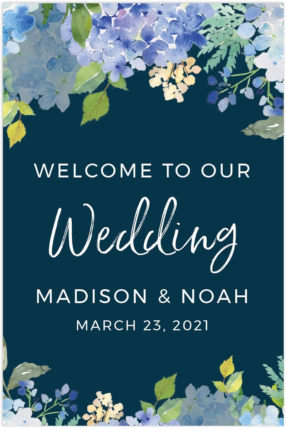 Andaz Press Personalized Extra Large Wedding Easel Board Party Sign, 12x18-inch, Baby Blue Hydrangea Floral Flowers on Navy Blue, Welcome to Our Wedding Bride Groom Name Date, 1-Pack, Custom