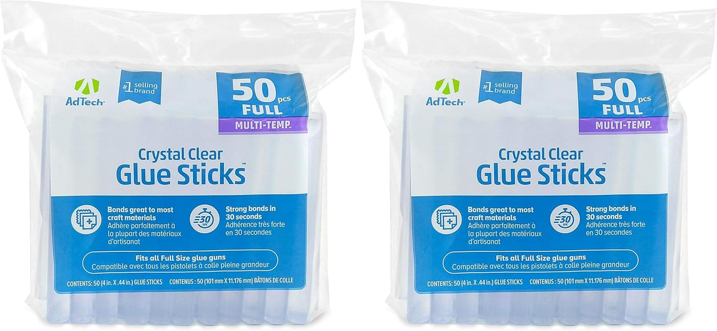 AdTech Crystal Clear Hot Glue Gun Sticks (W220-14ZIP50) – Full Size Hot Glue Sticks. All-Purpose Glue Sticks for Crafting, Scrapbooking & More. 50 Pieces. Length: 4” Diameter: .44”. (Pack of 2)
