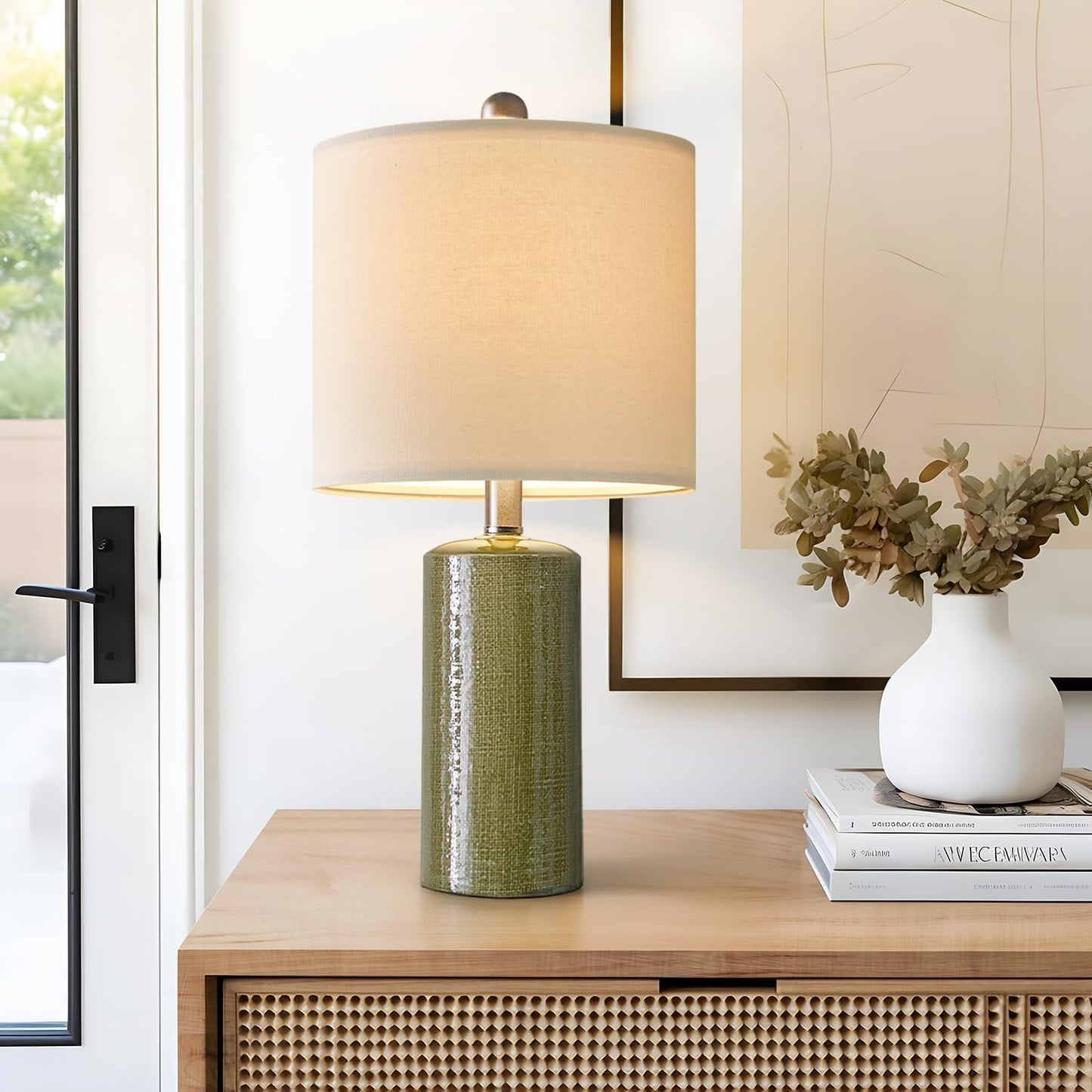 20.25" Small Single Table Lamp for Bedroom Modern Ceramic Nightstand Lamp Farmhouse Bedside Lamp Boho Living Room End Side Table Lamp, Green