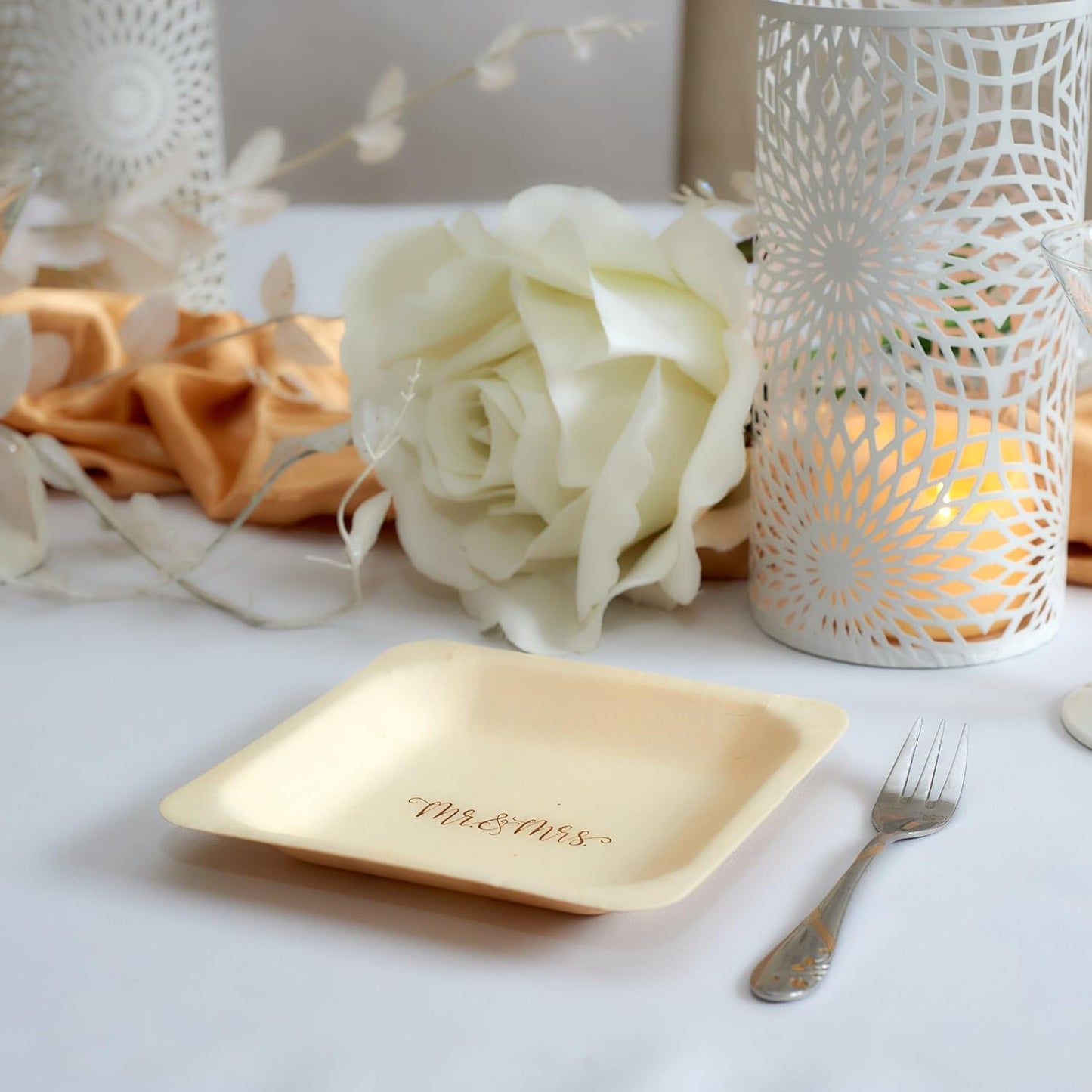 Mr. and Mrs. Disposable Wedding Plates – Rustic, Compostable Alternative to Plastic Plates for Wedding Receptions, Engagement Parties, and Rehearsal Dinners (Appetizer, 50-Pack)