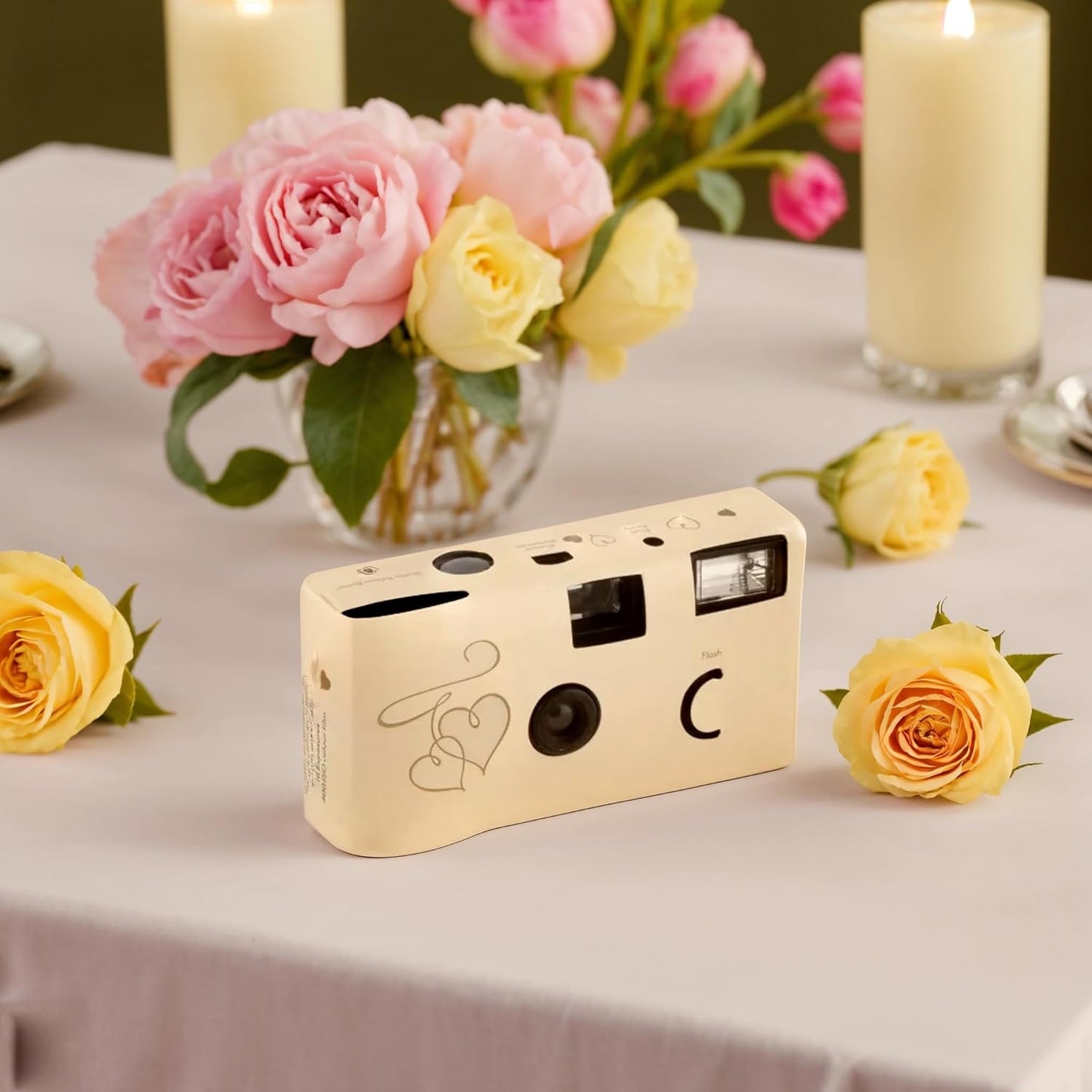 Weddingstar Disposable Camera with Flash - Single Use 35mm Film Camera for Wedding or Party Favors - Gold Enchanted Hearts (10 Pack)