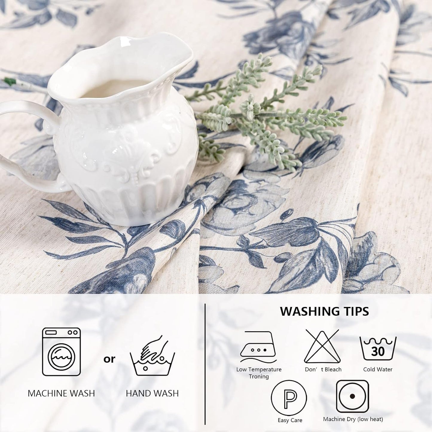 MYSKY HOME Rectangle Tablecloth 60x102 Inches, Linen Farmhouse Tablecloth Waterproof Decorative Fabric Table Cloth for Kitchen Party Floral Tablecloth for 6 Feet Table Blue and Grey Tablecloth