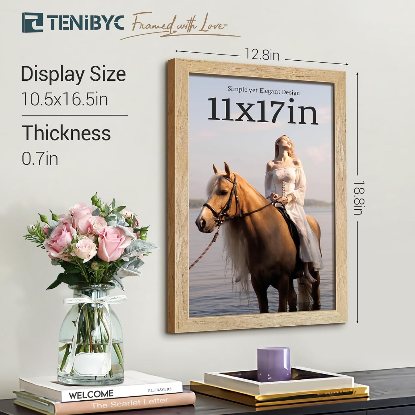 11x17 Picture Frame 4 Pack, Natural Solid Wood Poster Frame with HD Tempered Glass, Elegant Wood Grain, Wall Hanging