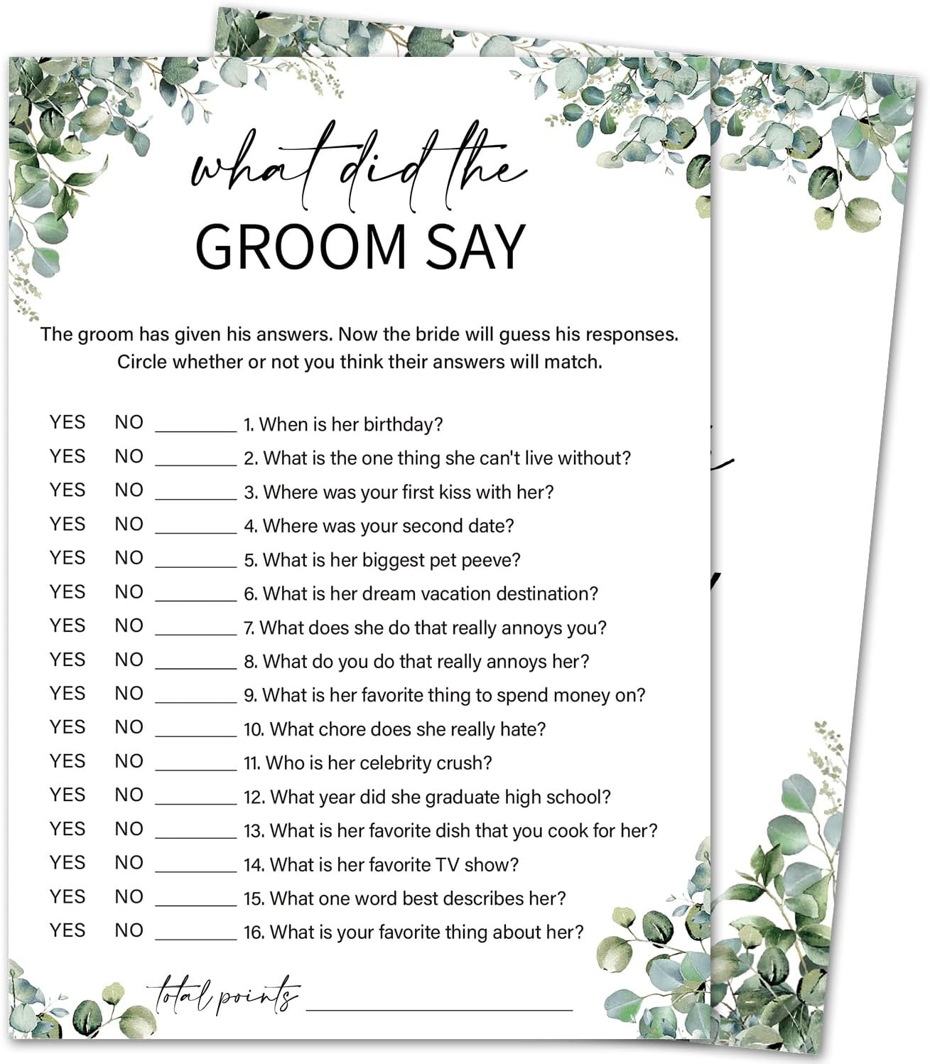 Eucalyptus Bridal Shower Game Cards - What Did the Groom Say, Wedding Engagement Bachelorette Party Bridal Shower Games for 30 Guests, Double Sided Cards Set of 30, Activity Supplies & Favor/A08