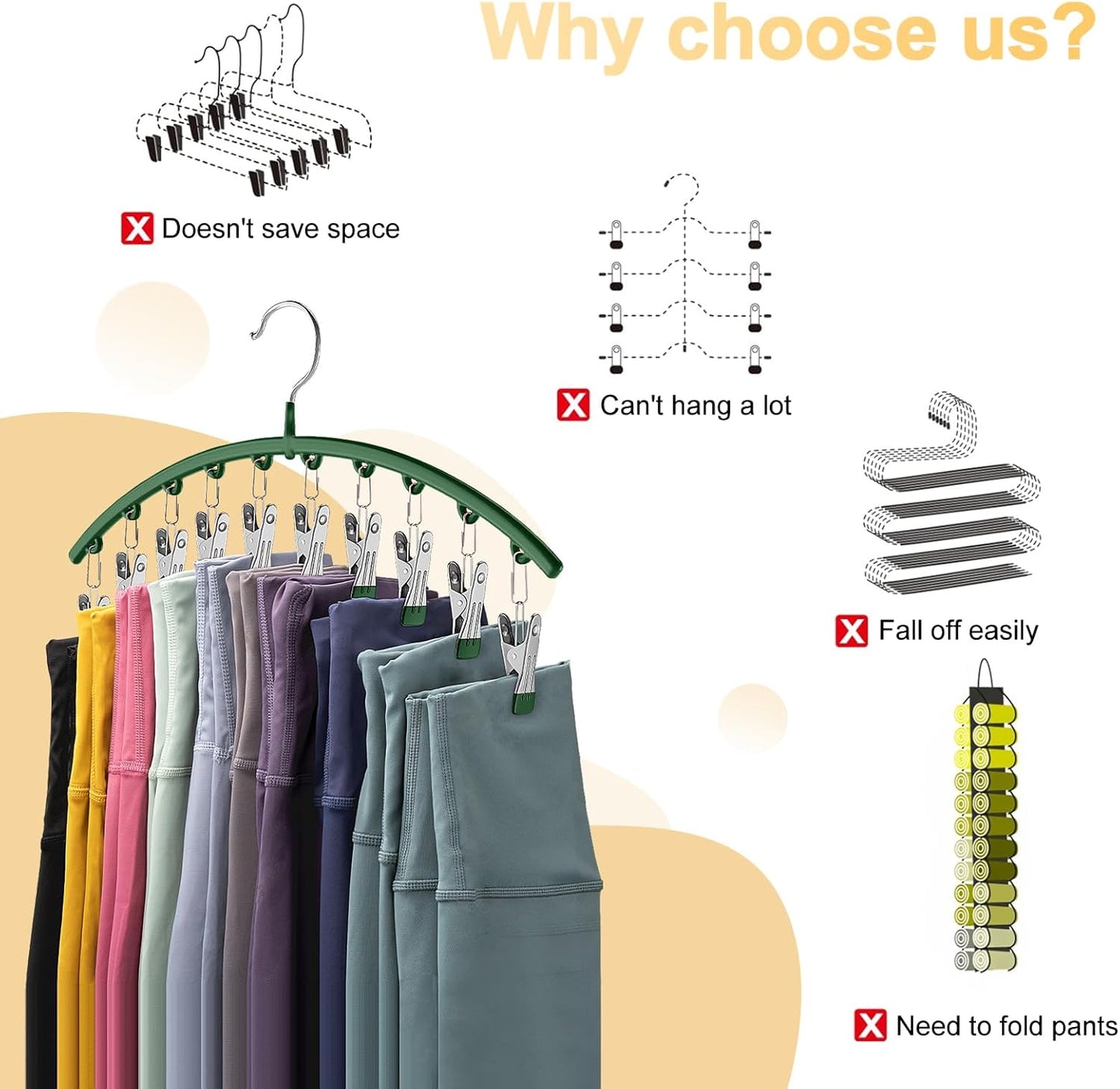 Legging Organizer for Closet, Metal Yoga Pants Hangers 2 Pack w/10 Clips Holds 20 Leggings, Space Saving Hanging Closet Organizer w/Rubber Coated Closet Organizers and Storage, Green